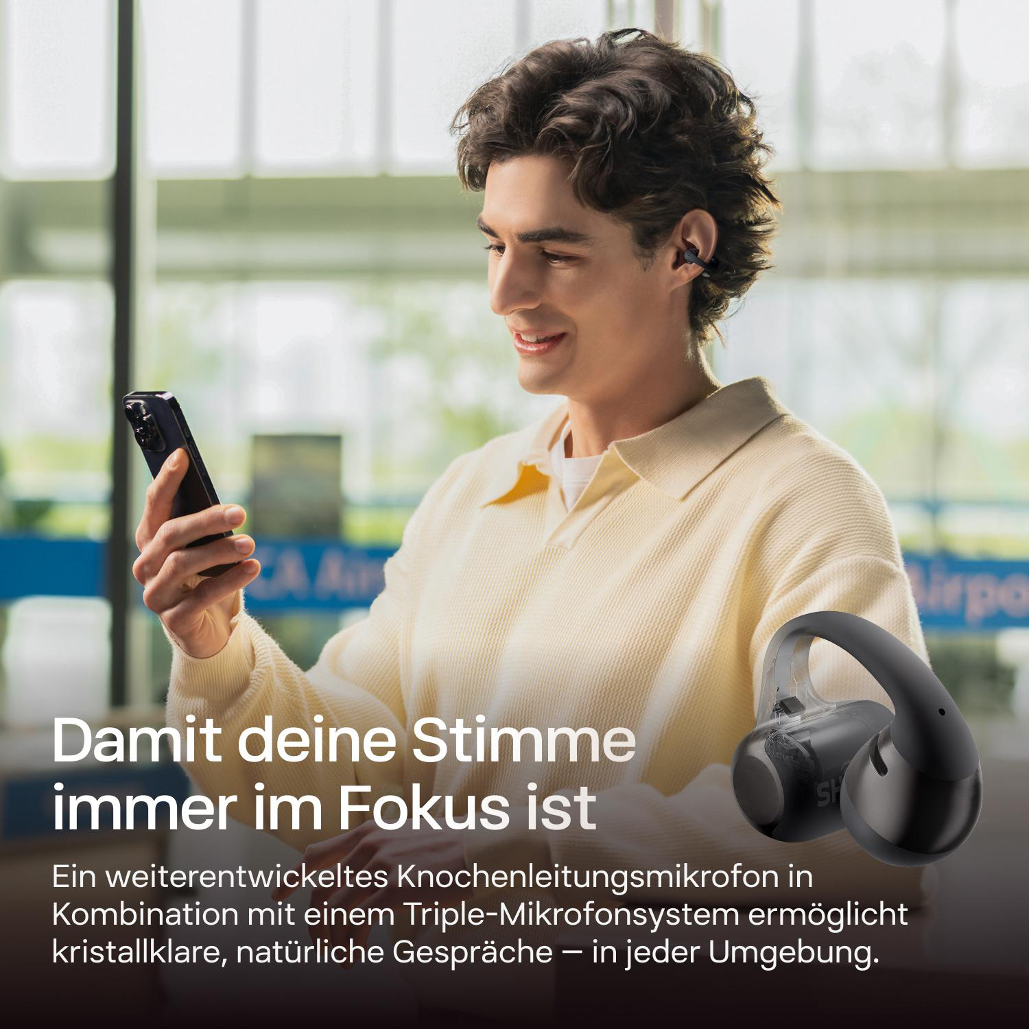 Mann mit Smartphone und Kopfhörern im Hintergrund, Text auf Deutsch.