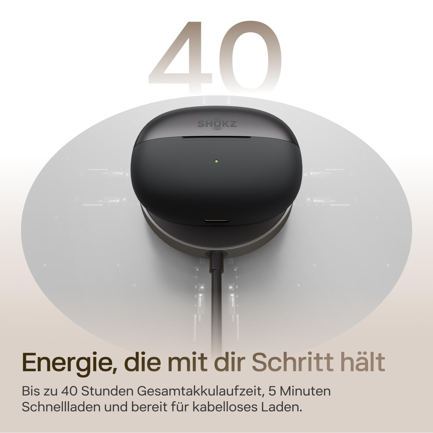 Ein schwarzes Shokz Ladecase mit einem grünen Licht, das lädt. "40" steht groß im Hintergrund.