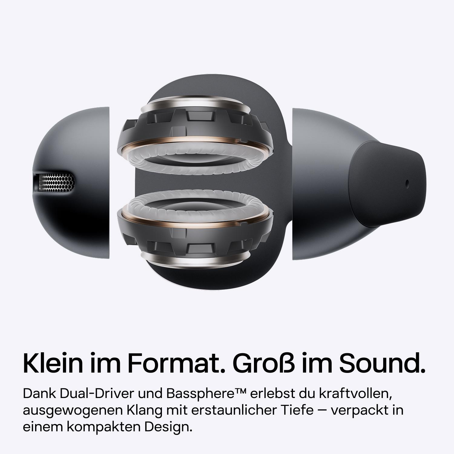 Drei Ansichten von Kopfhörern mit Dual-Treibern und Bassphere.