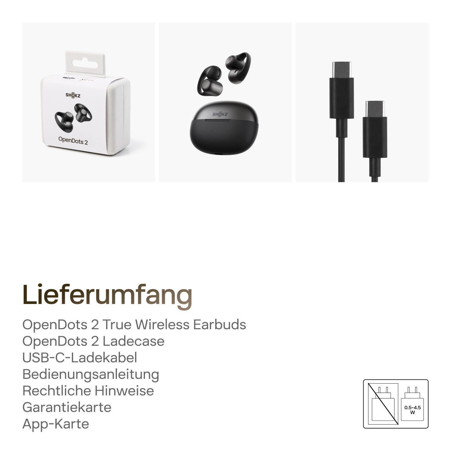 Packung, Ohrhörer, Ladecase und USB-C-Kabel mit Netzteil-Symbol.