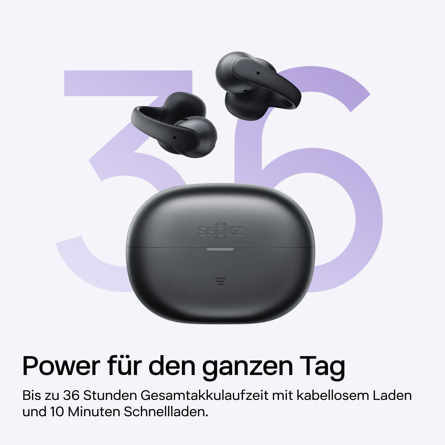 Schwarze kabellose Kopfhörer und Ladecase mit "36" Hintergrund. Maximale Akkulaufzeit.