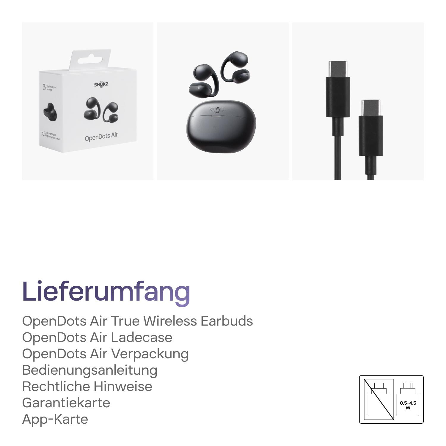 Verpackung, Ladecase und Ladekabel von OpenDots Air Kopfhörern.