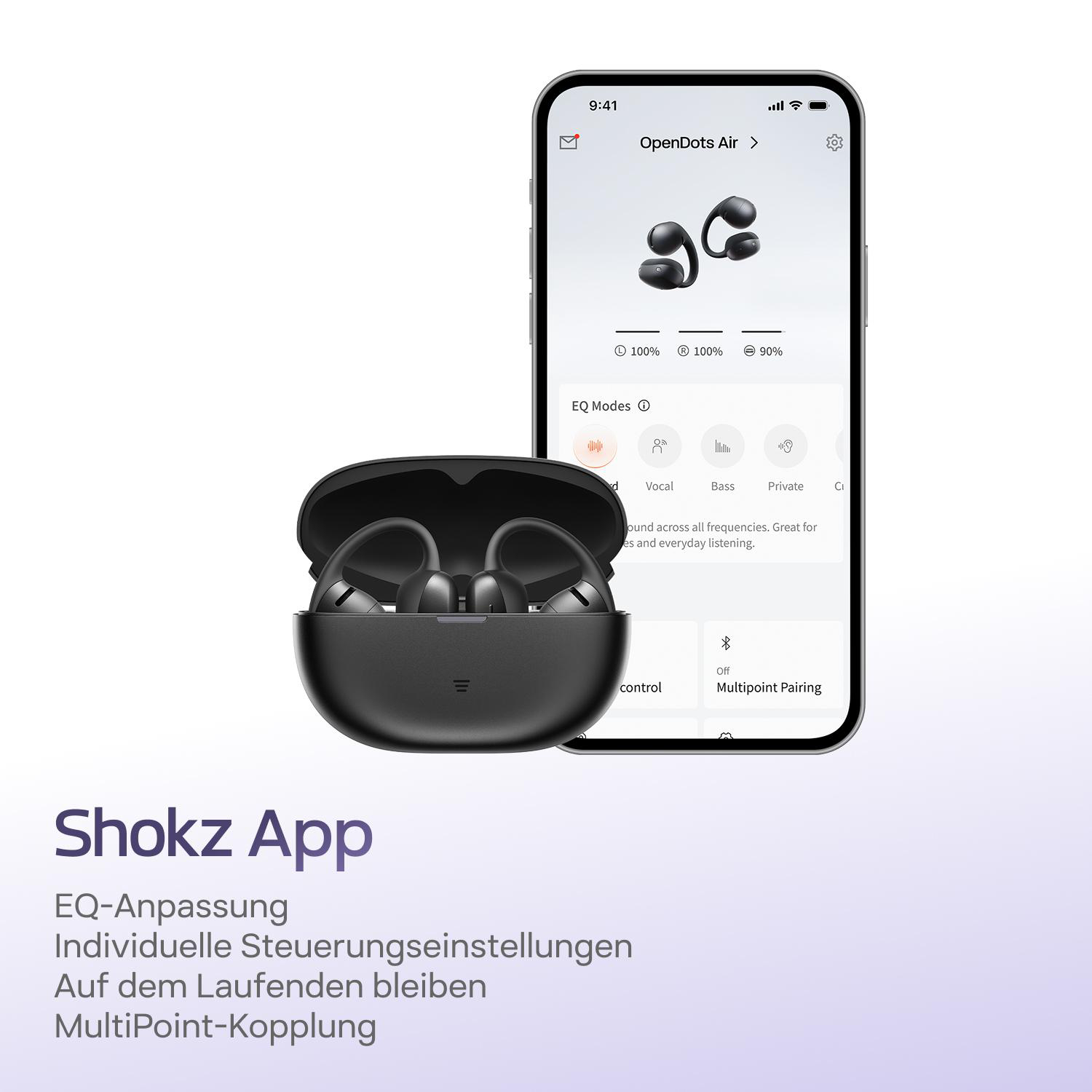 Shokz App zeigt Kopfhörer und Einstellungen. EQ, Steuerung & Multipoint.