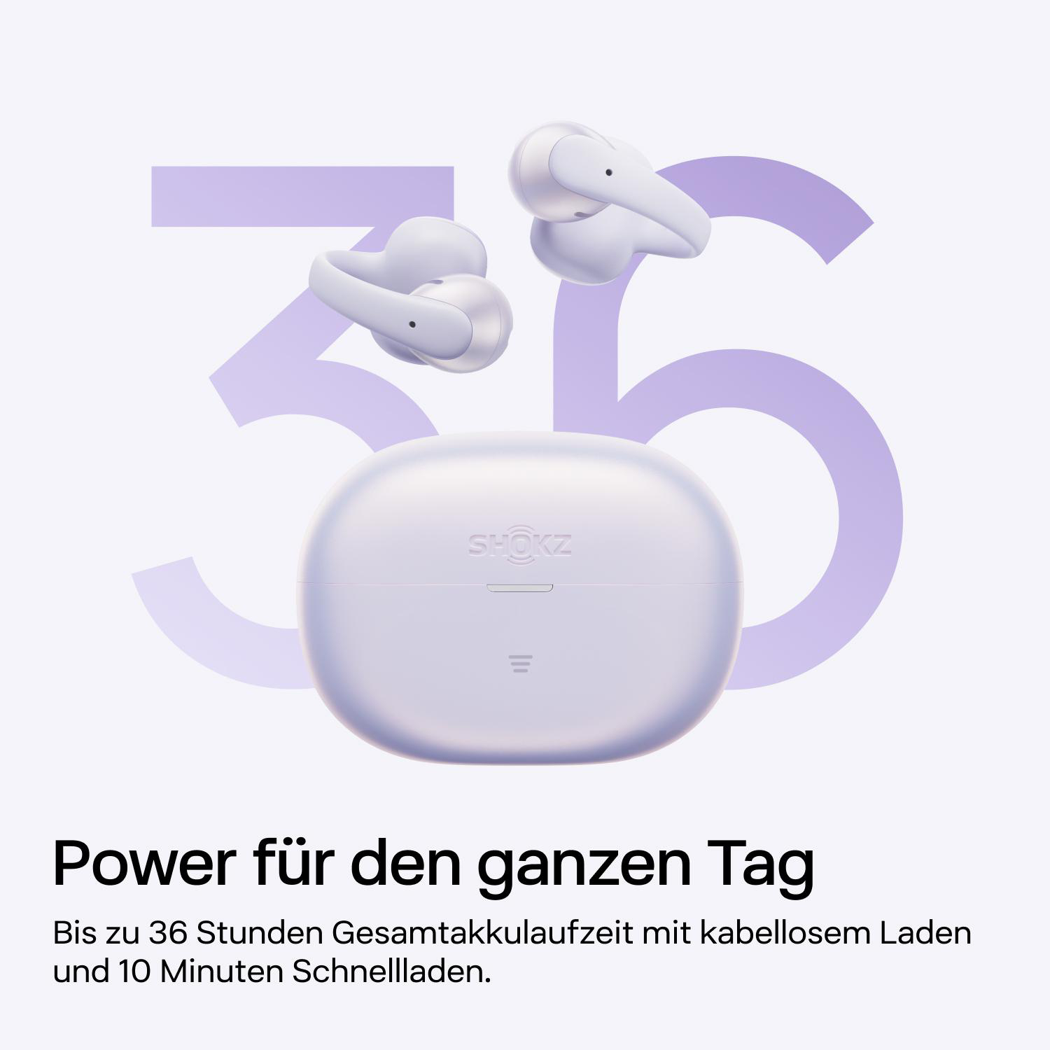 Weiße Kopfhörer und Ladecase vor lila 35-Zahlen-Grafik. Text: Power für den ganzen Tag.