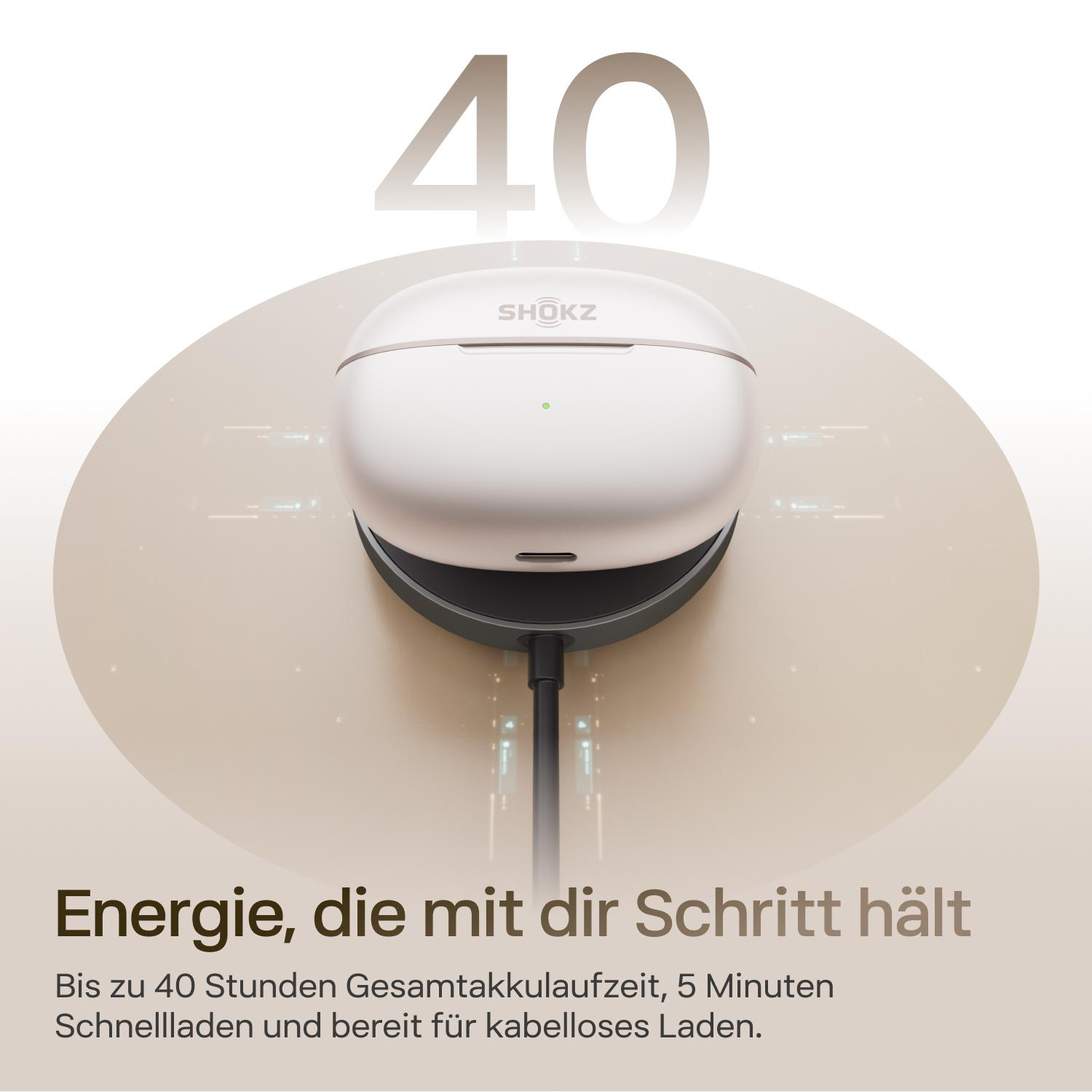 Ein weißes Shokz Ladecase mit der Zahl 40. Bietet 40 Std. Akku.