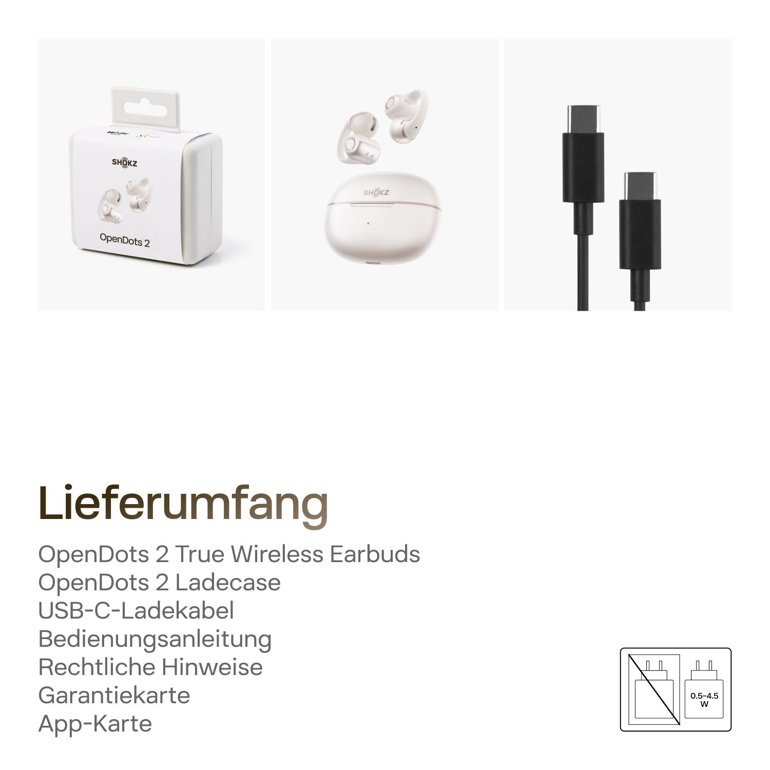 Verpackung, Ohrhörer, Ladecase und USB-C-Kabel für OpenDots 2.