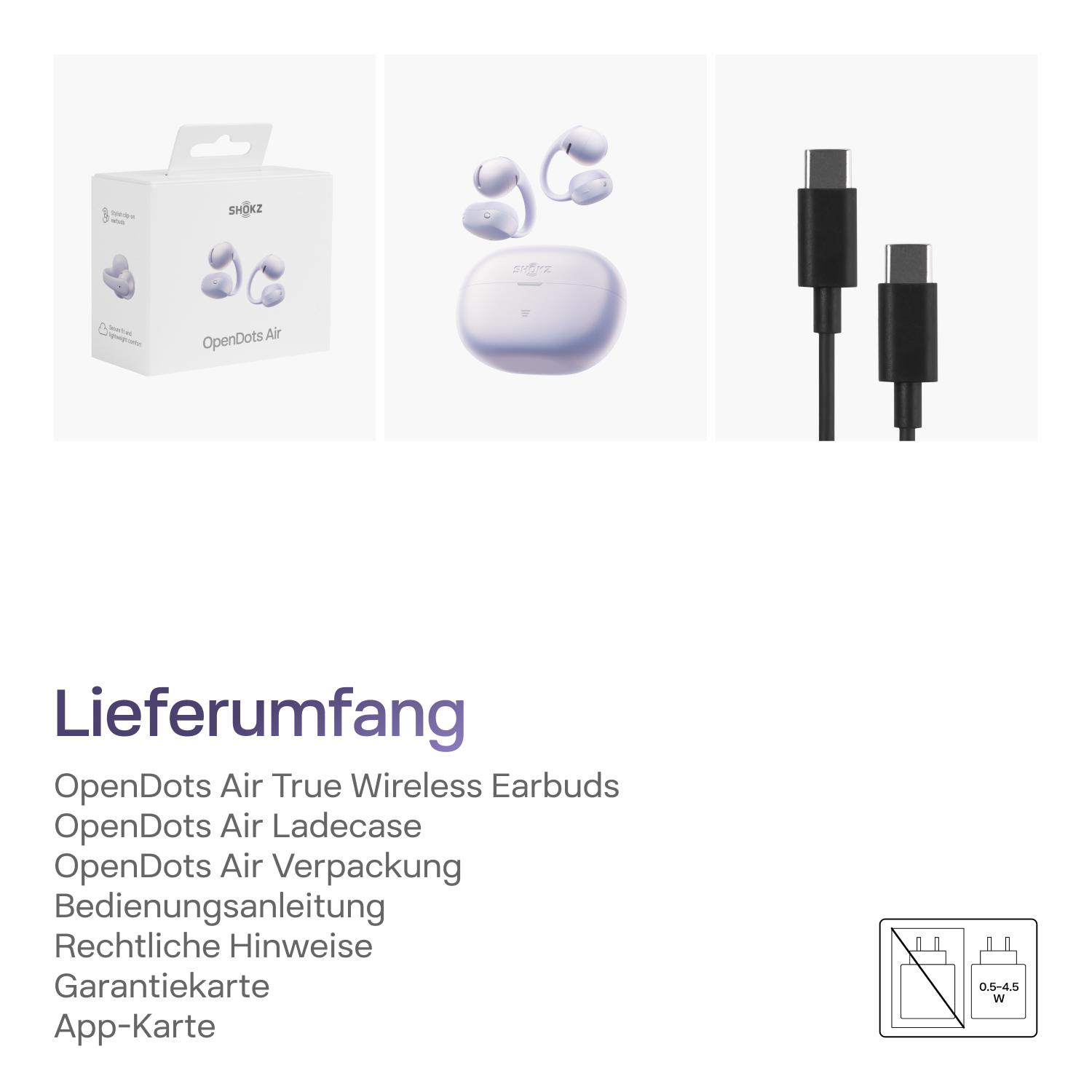 Packung mit Ohrhörern, Ladecase, Kabeln und Netzteil-Symbol.