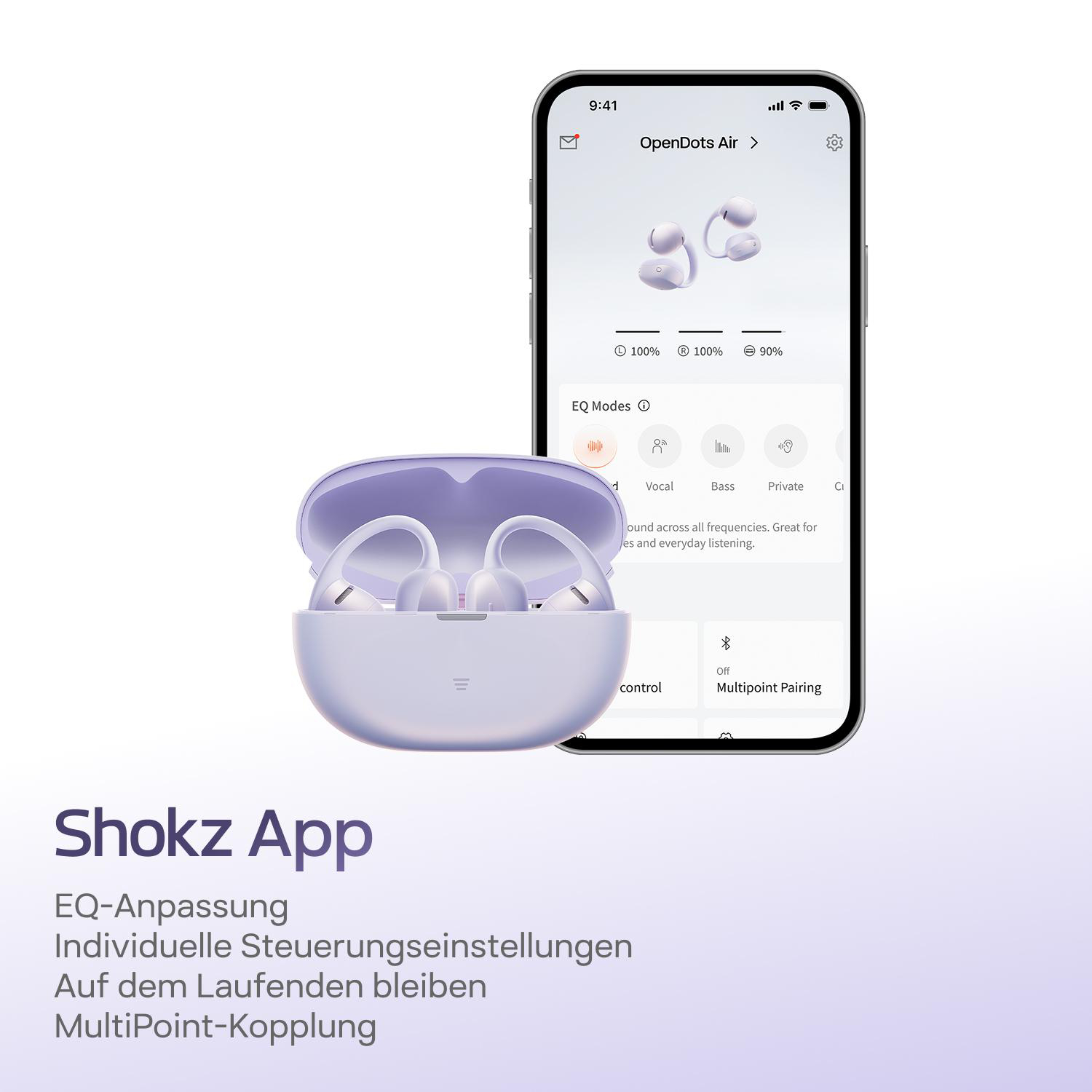 Lila Ohrhörer und Ladecase neben einem Smartphone mit Shokz App.