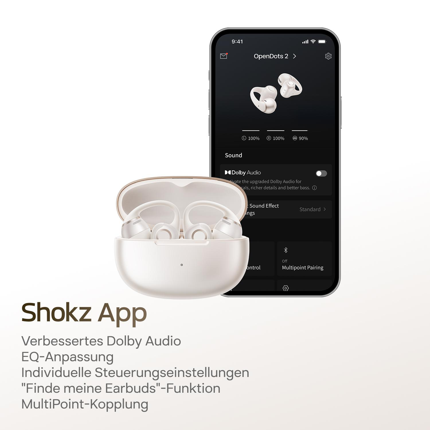 Shokz App mit weißen Ohrhörern und Ladecase neben einem Smartphone mit App-Ansicht.
