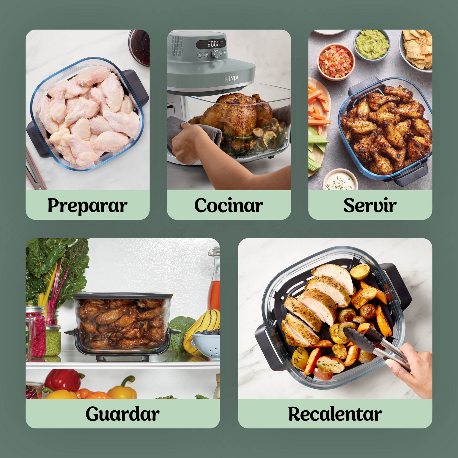 Pasos para cocinar pollo: preparar alitas crudas, cocinar pollo entero, servir alitas, guardar alitas, recalentar pollo y verduras.