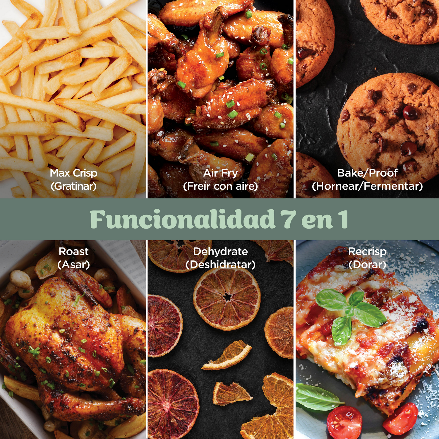 Collage de 6 alimentos: patatas fritas, alitas, galletas, pollo asado, naranjas secas y pizza.