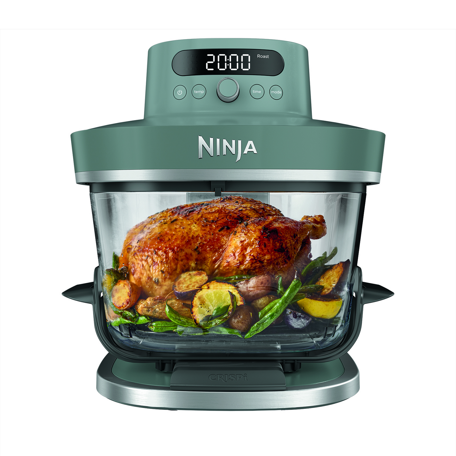 Una freidora de aire Ninja verde con un pollo asado y verduras dentro.