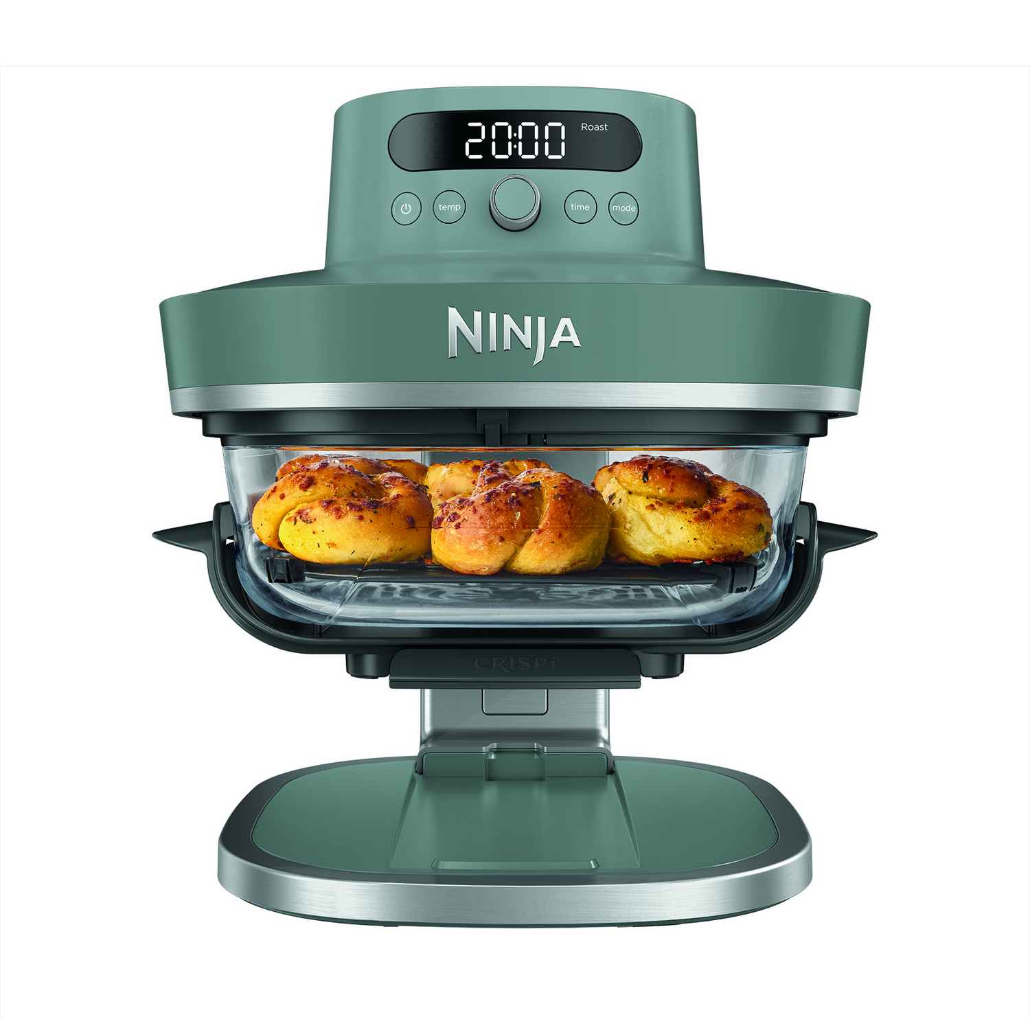 Un horno freidora de aire Ninja verde con panecillos horneados en su cámara de cristal.