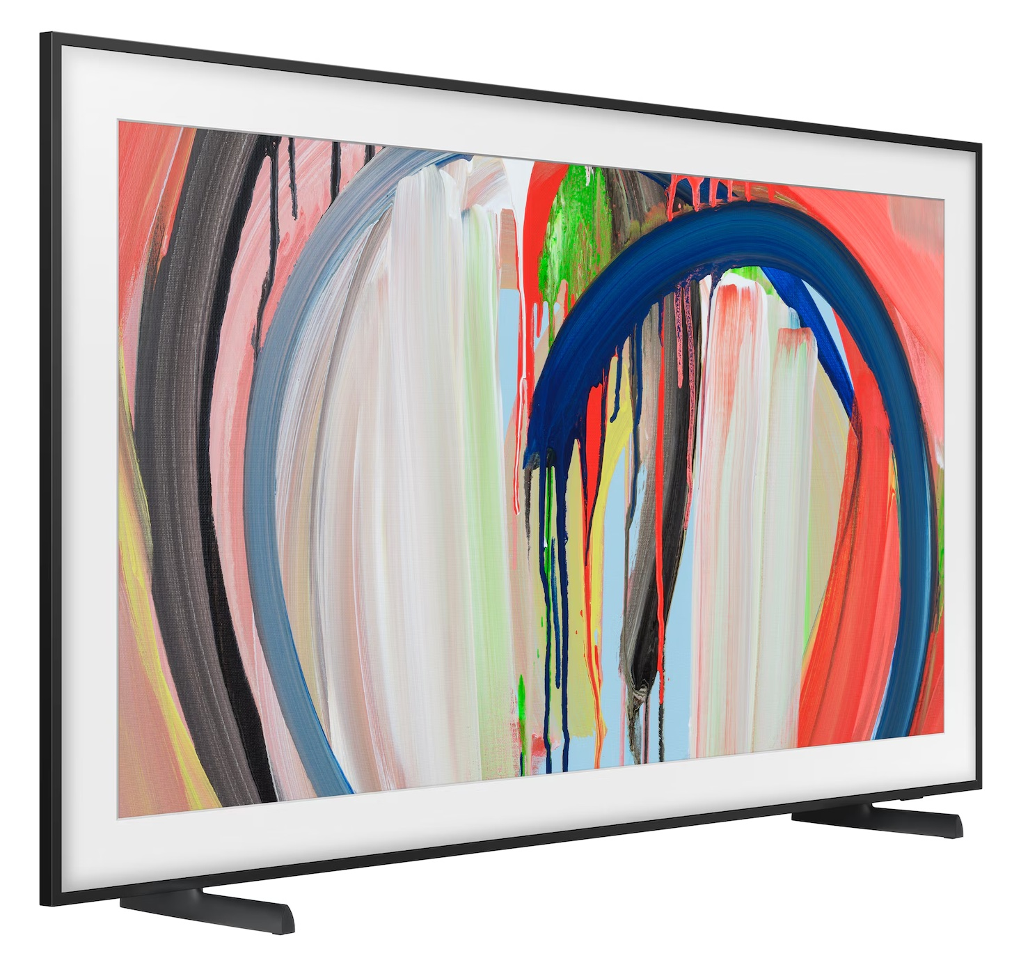 Nowoczesny telewizor wyświetlający abstrakcyjny obraz z kapaniami farby.