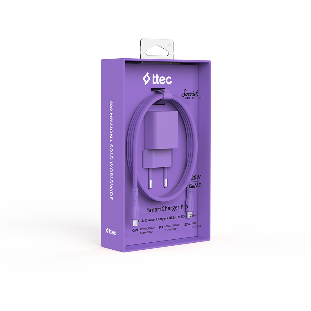Ttec SmartCharger Pro, 20W GaN5 USB-C şarj cihazı ve kablosu olan mor kutu.