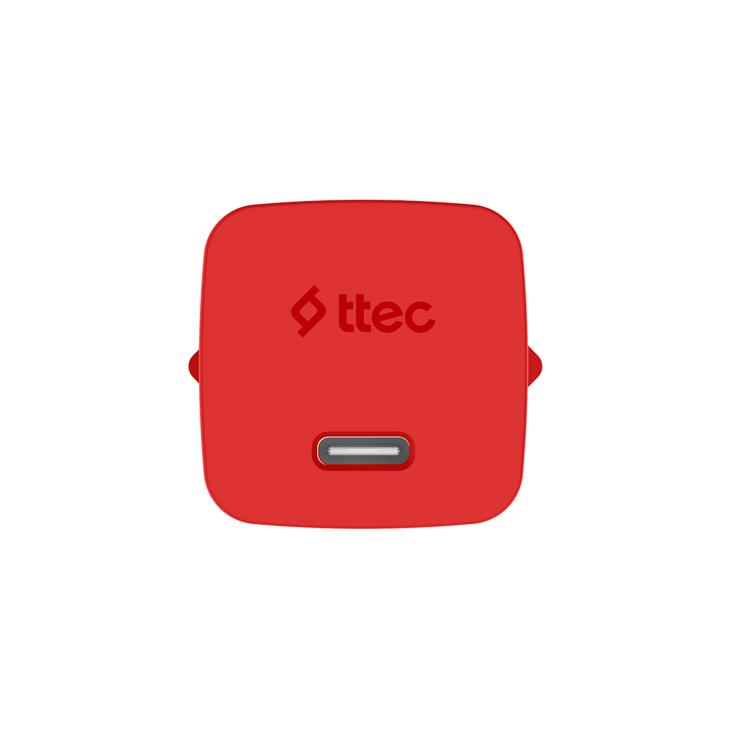 Önünde USB-C bağlantı noktası olan kırmızı bir Ttec şarj cihazı.