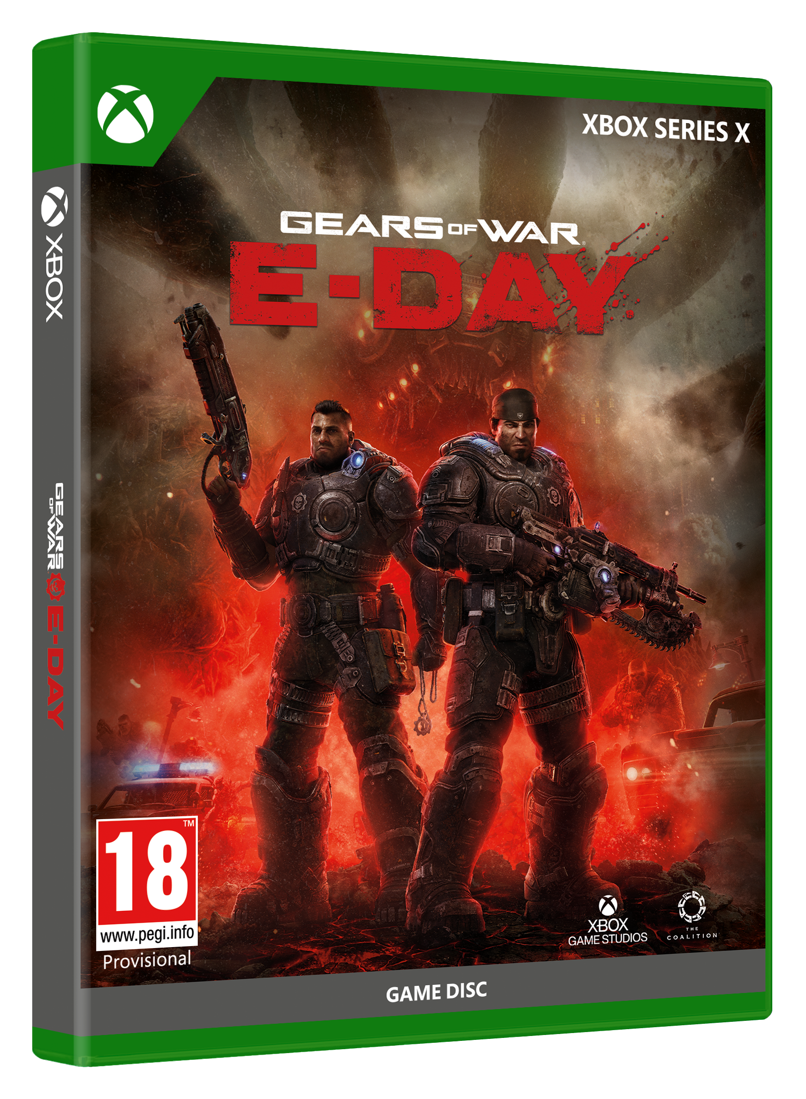 Zwei Soldaten in Rüstung stehen vor einer roten, rauchigen Kulisse. "Gears of War: E-Day" steht darauf.