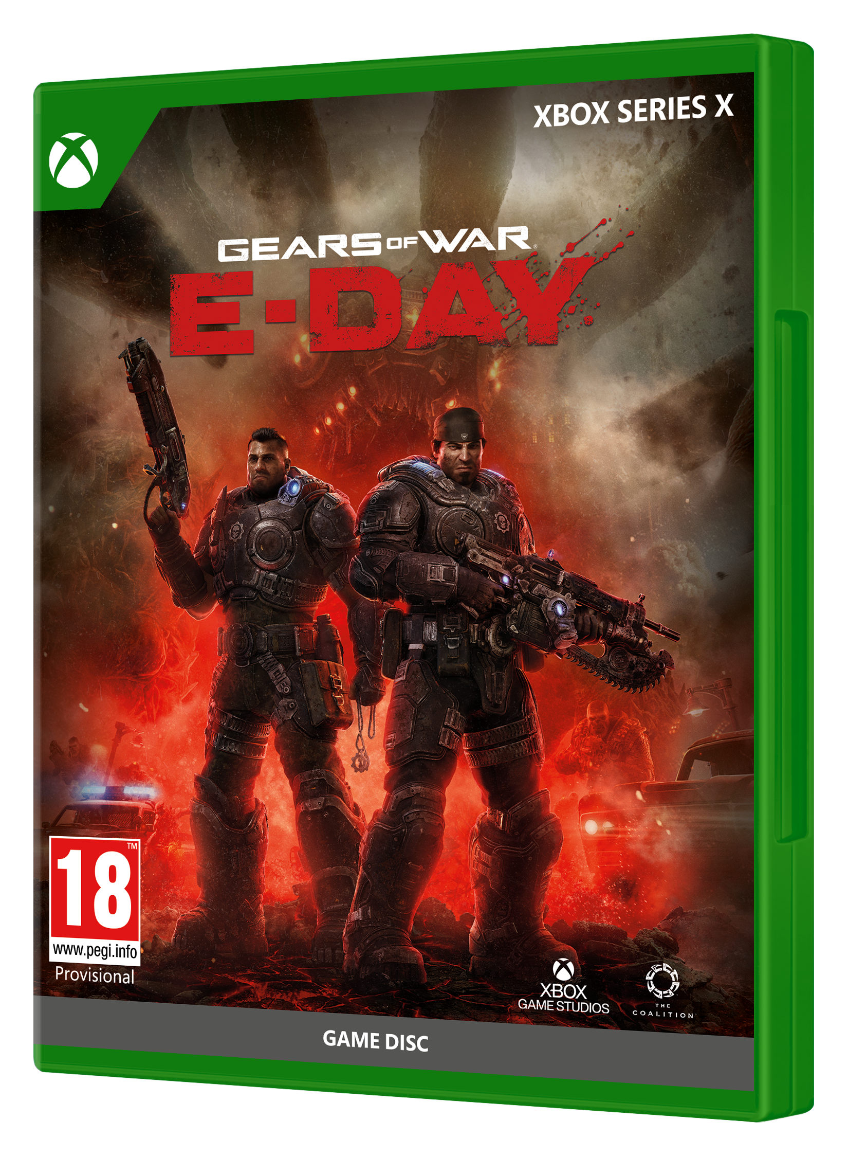 Gears of War E-Day Xbox Series X Hülle mit zwei Soldaten in Rüstung, rote Hintergrundbeleuchtung.