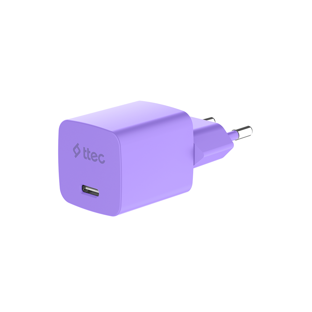 USB-C portlu ve iki metal pimli mor şarj cihazı.
