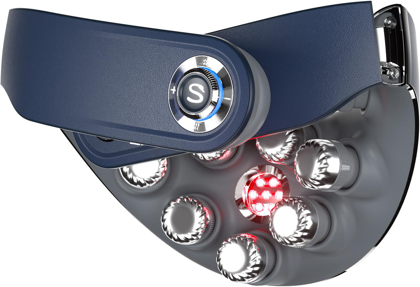 Ein blaues Massagegerät mit silbernen Knöpfen und roten LEDs