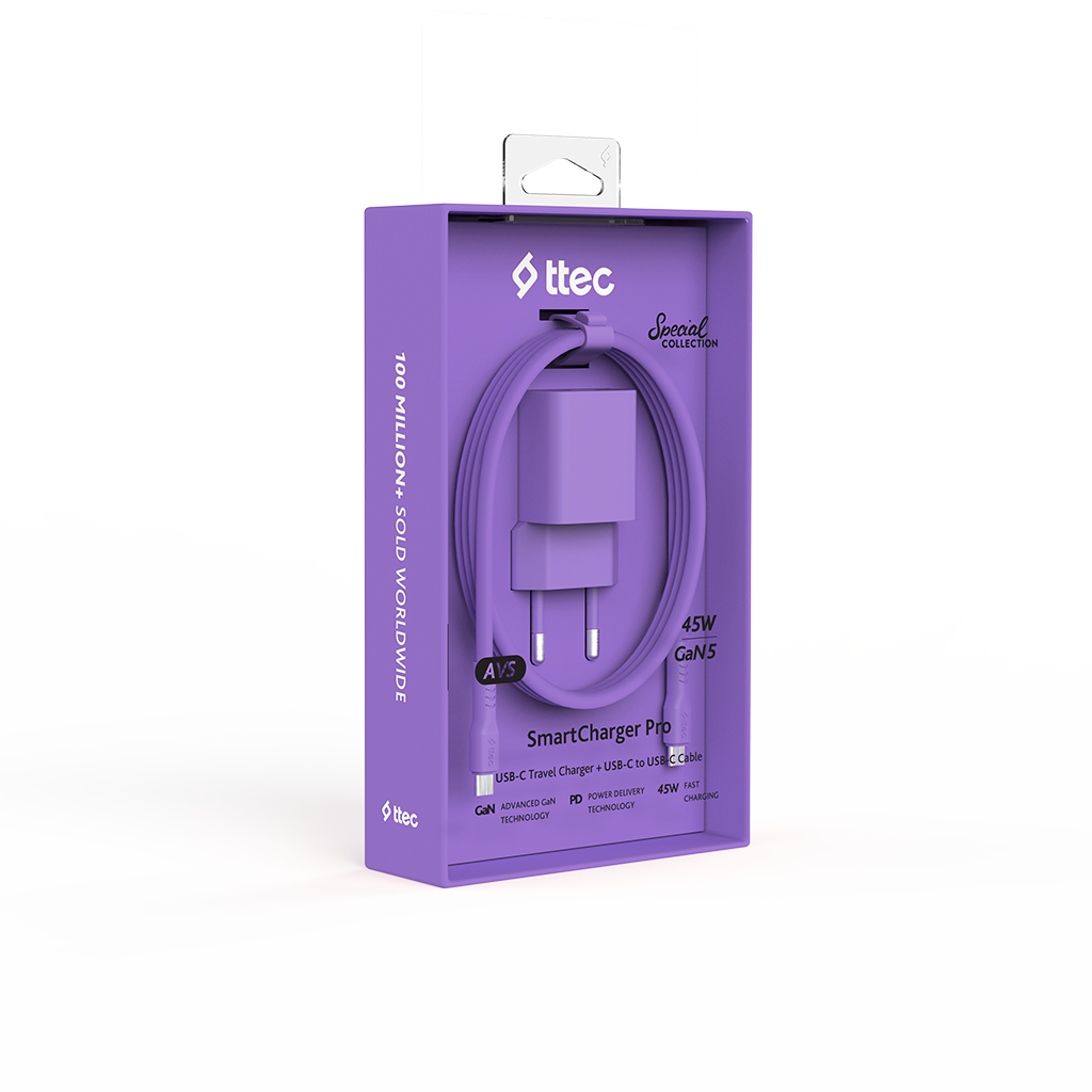 45W USB-C şarj cihazı ve kablosu olan mor kutu.
