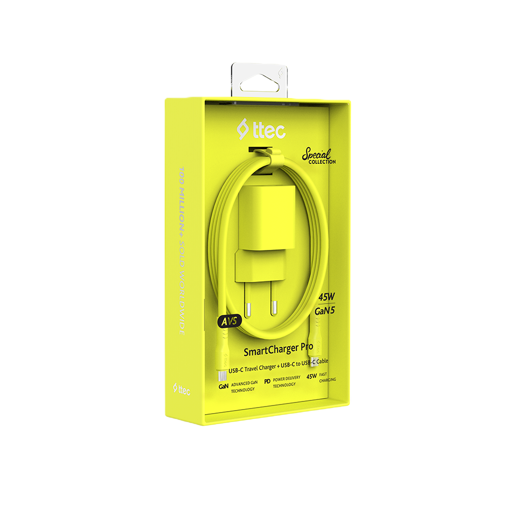 Sarı Ttec şarj cihazı ve kablosu, 45W GaN5, SmartCharger Pro.