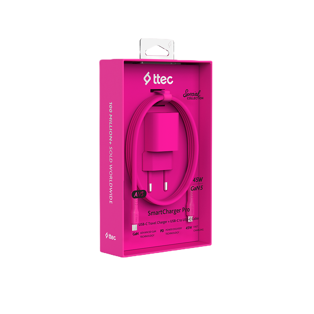 Ttec şarj cihazı ve USB-C kablolu pembe kutu. 45W GaN5.