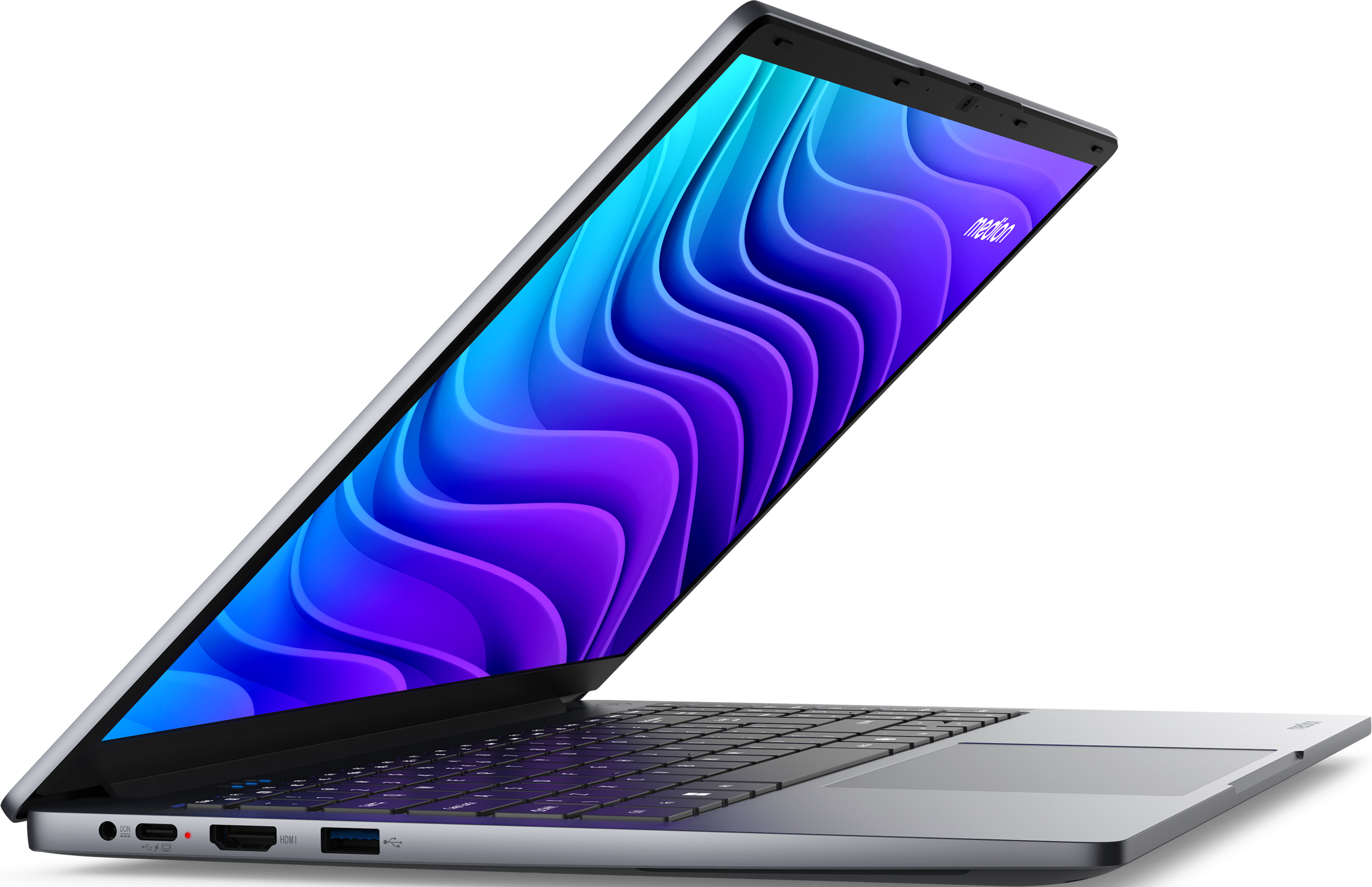 Ein geöffneter Laptop mit einem grauen Gehäuse und einem Bildschirm mit Wellenmuster in Blau und Lila.