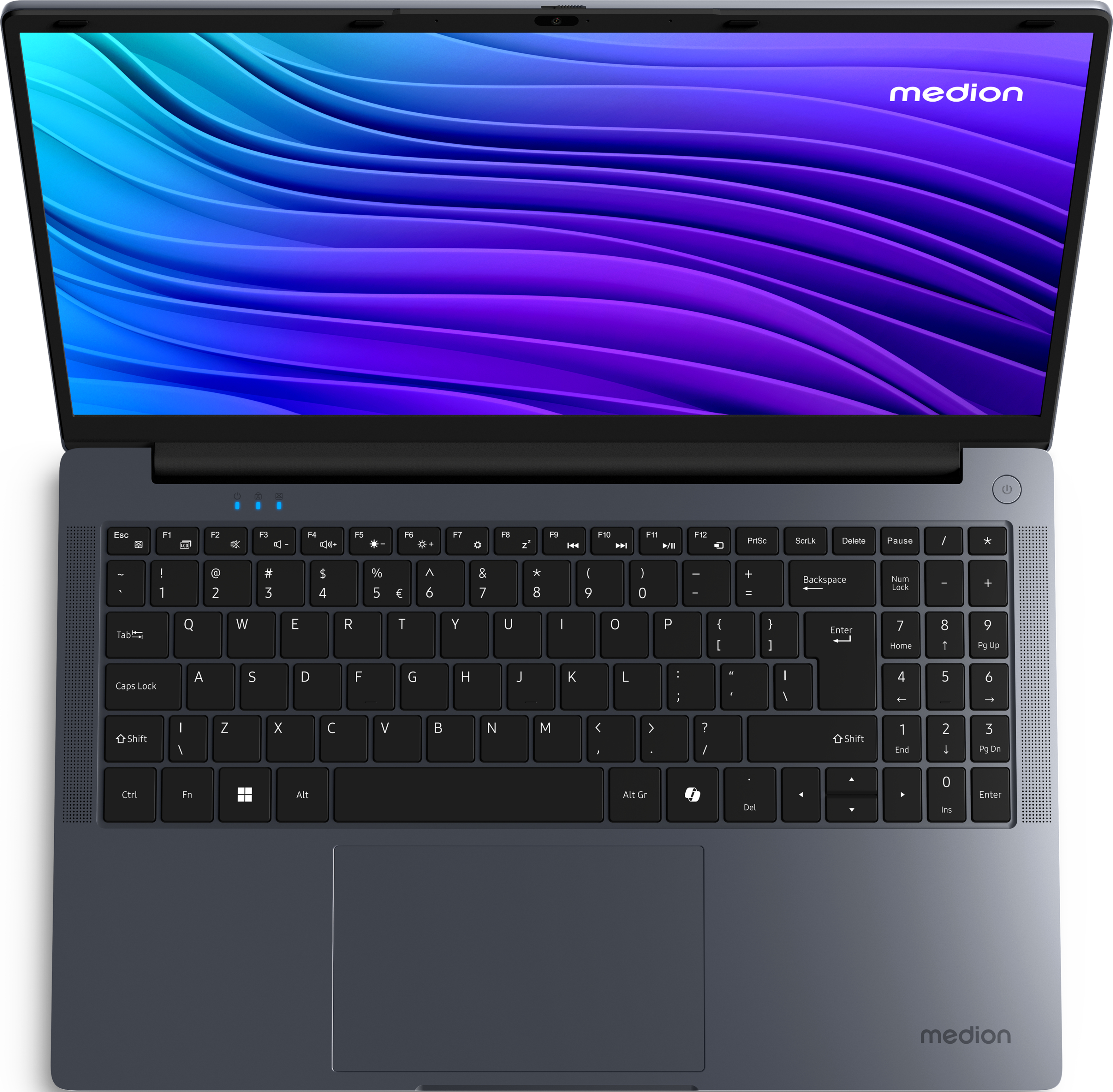 Ein geöffneter dunkler Laptop mit einem farbigen Hintergrund auf dem Bildschirm.