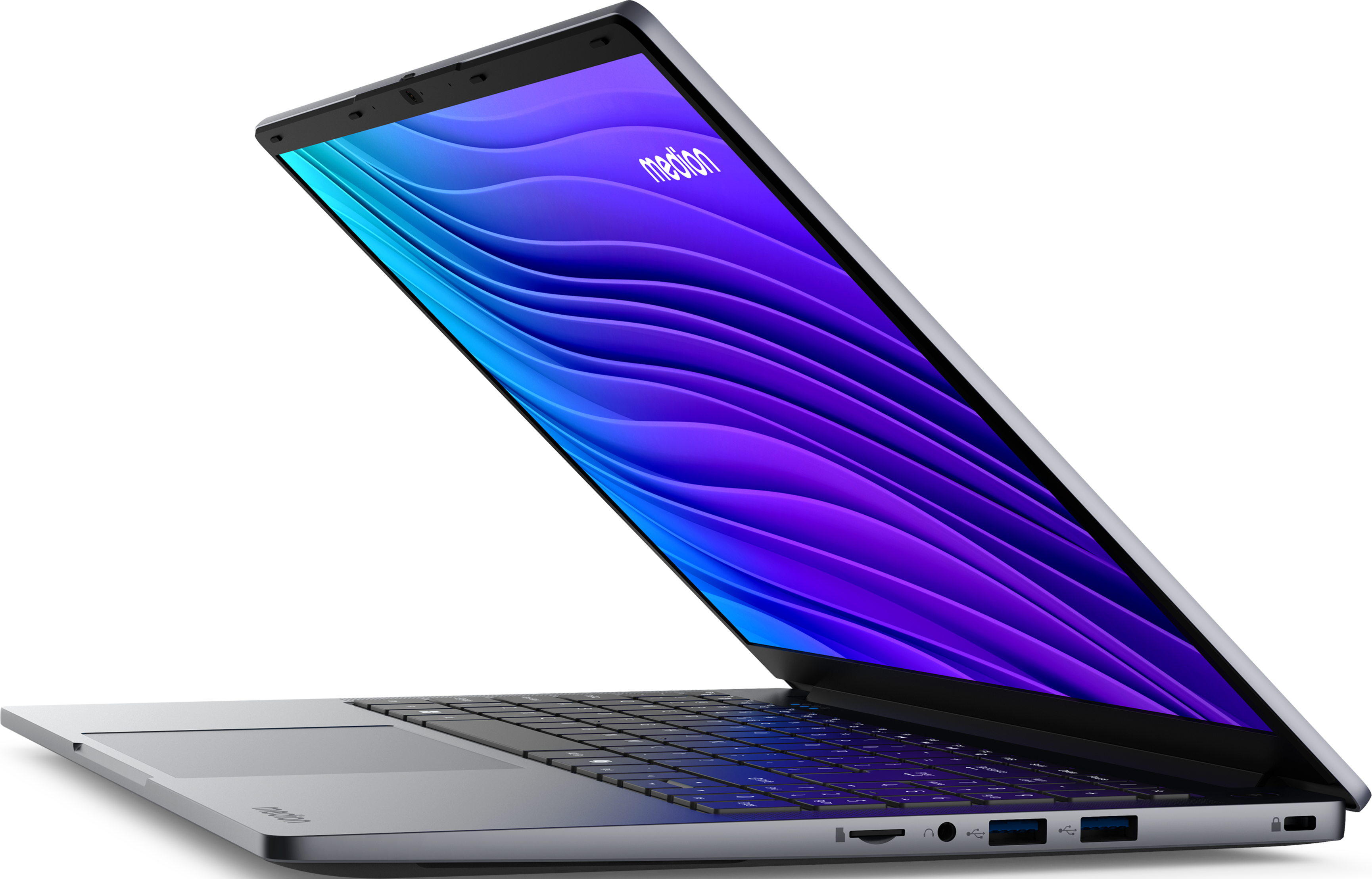 Ein silberner Laptop ist geöffnet, mit einem farbigen Hintergrund auf dem Bildschirm.