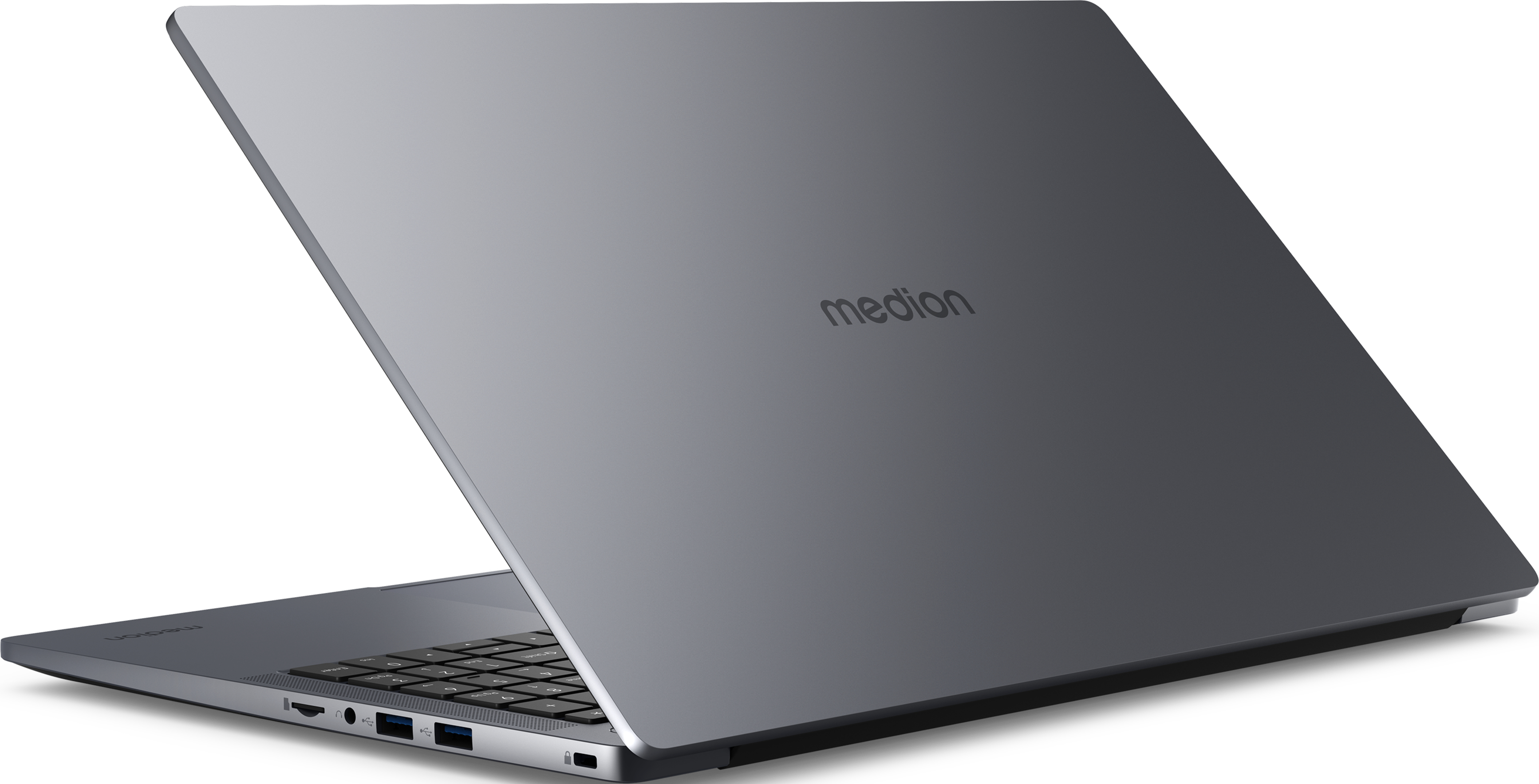 Grauer Medion Laptop mit Tastatur und Anschlüssen auf weißem Hintergrund.