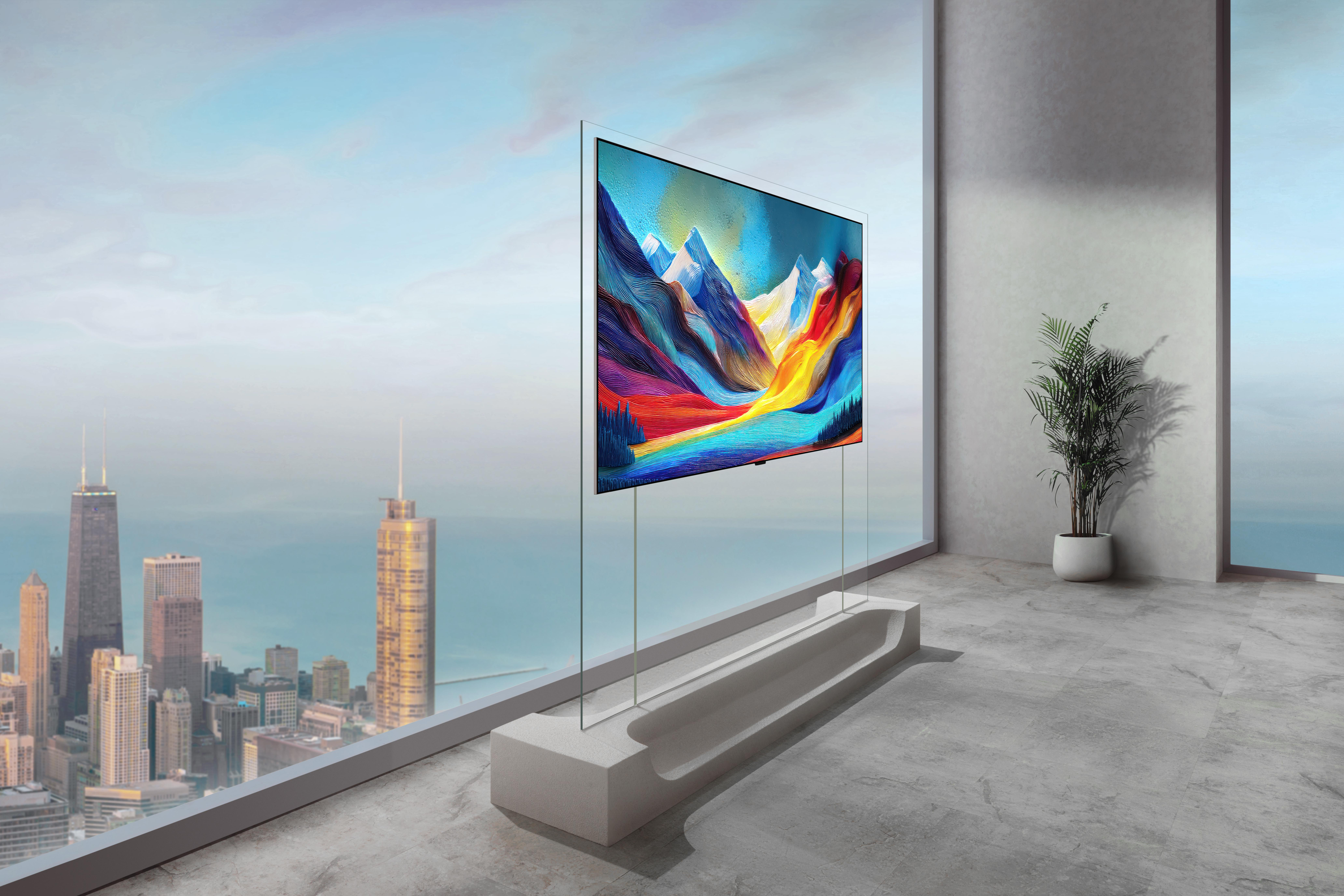 Moderner Fernseher mit Berglandschaftsbildschirm steht in einem Raum mit Fensterblick auf die Stadt.