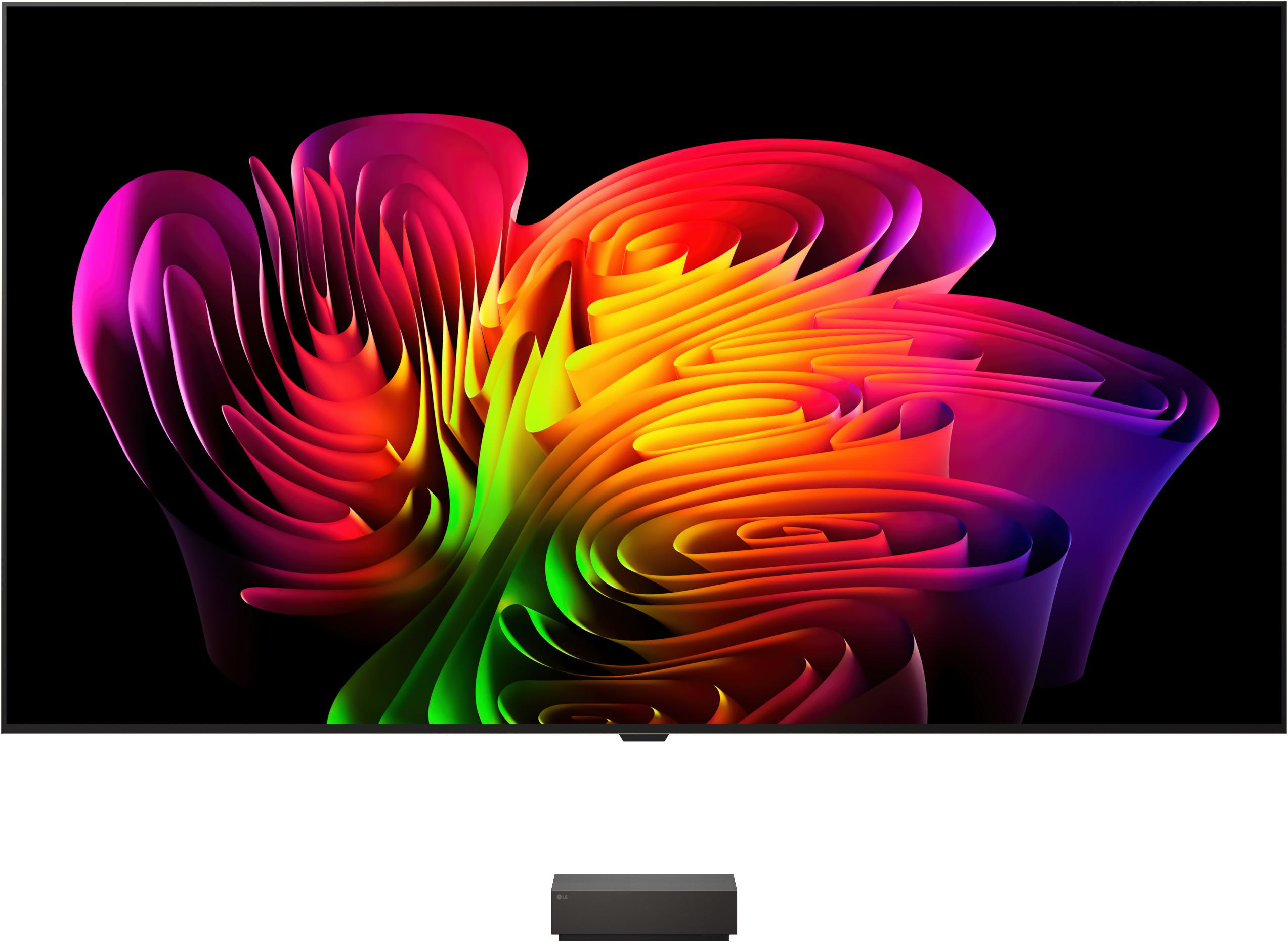 Ein schwarzer Fernseher mit einem bunten, abstrakten Bild. Darunter ein schwarzer Kasten.