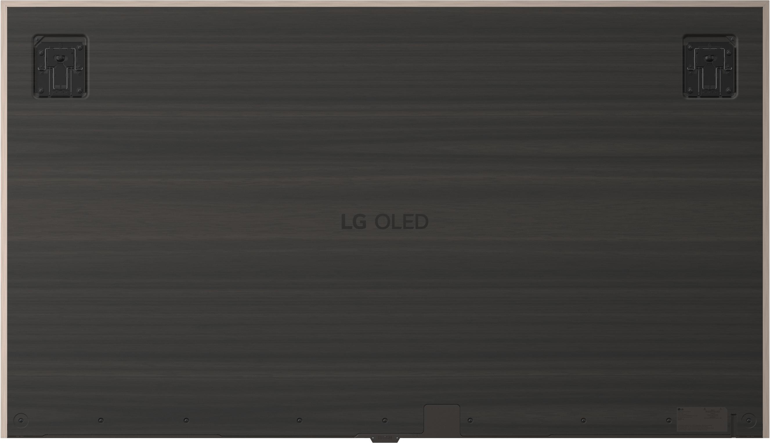 Rückseite eines LG OLED-Fernsehers mit Holzmaserungsmuster und silbernem Rahmen.