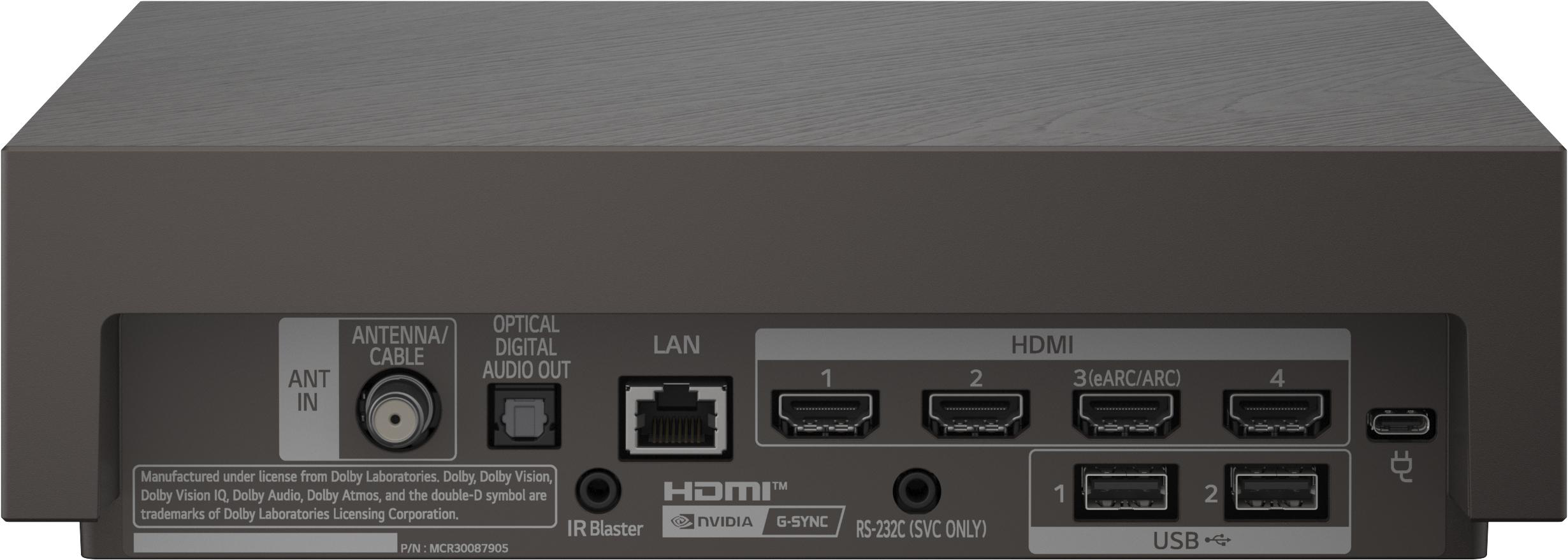 Rückseite eines Geräts mit Anschlüssen: Antenne, optisch, LAN, HDMI, USB.