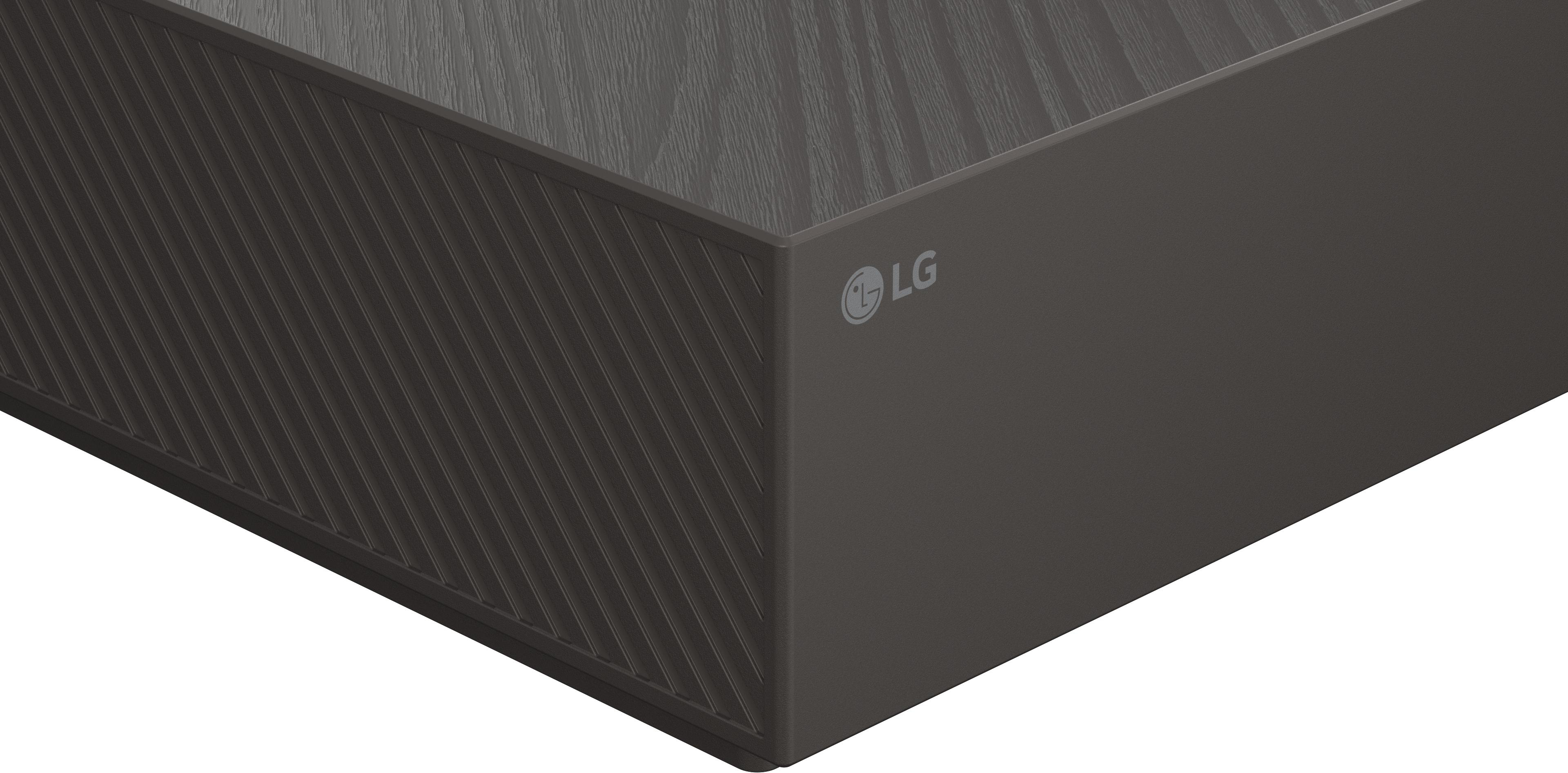 Dunkelgraues LG-Gerät mit Rillenmuster auf der Vorderseite und Holzmaserung oben.