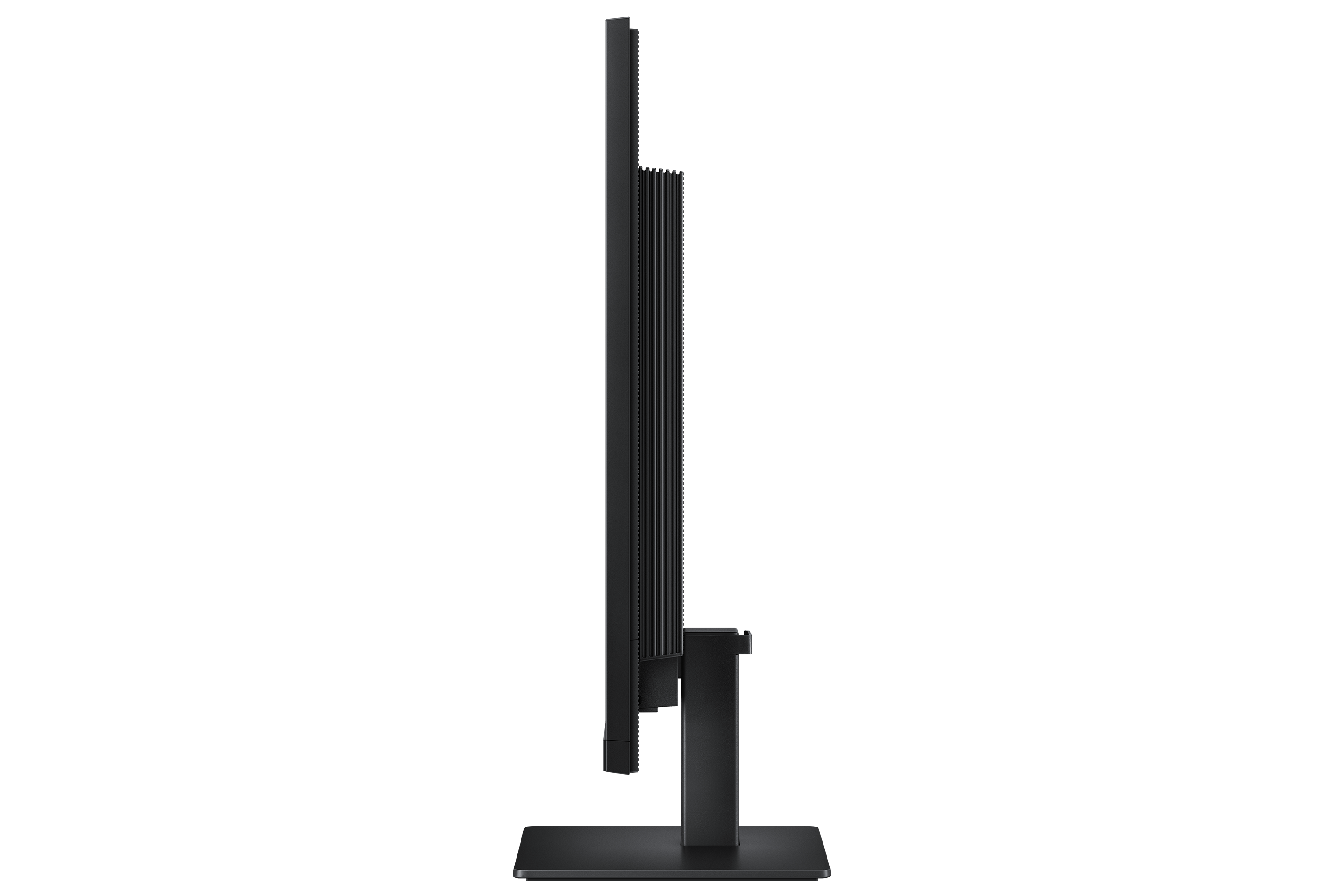 Side view of a slim, black monitor on a stand.