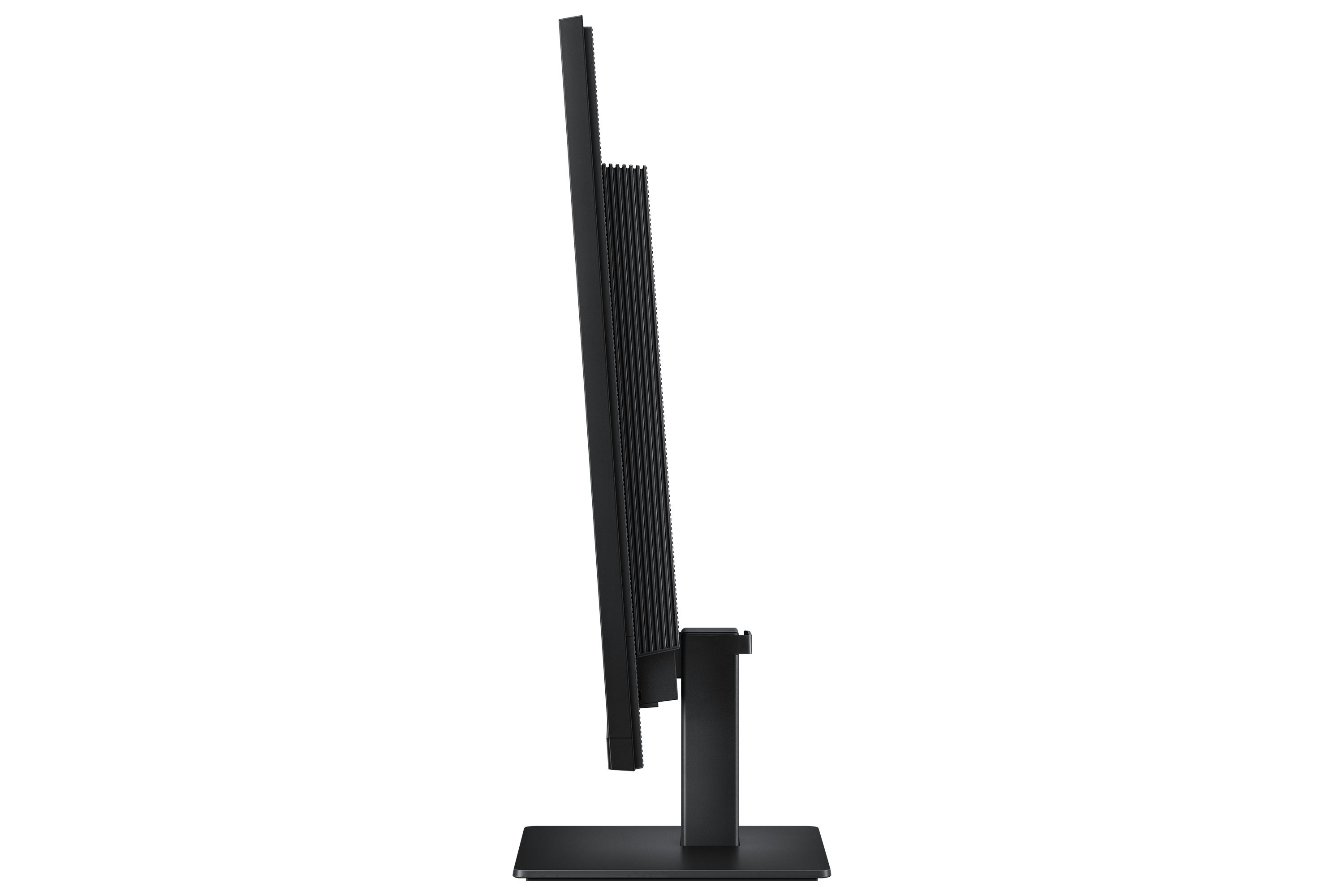 Black monitor shown from the side, featuring a ribbed casing and rectangular stand.