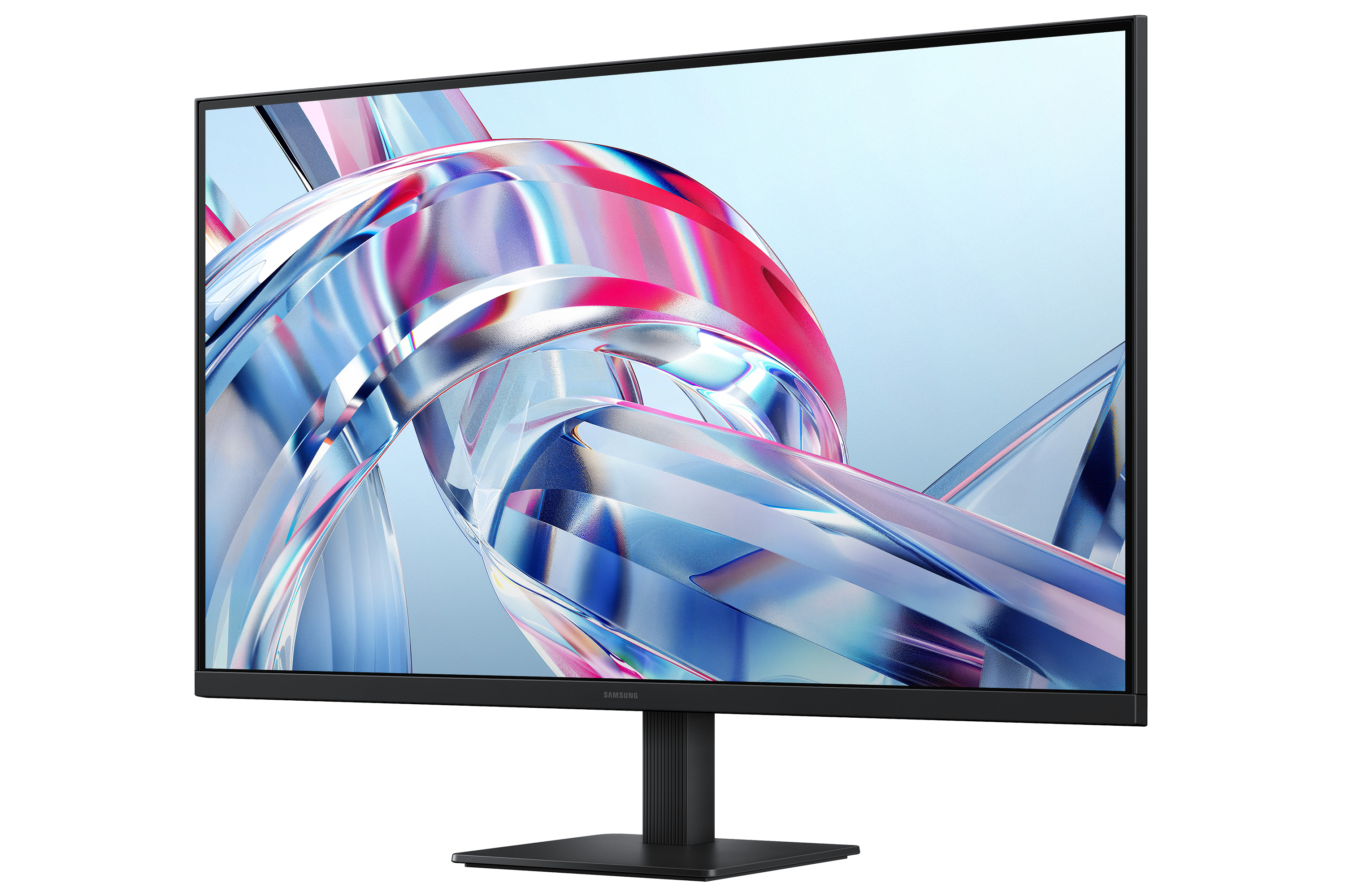 A black monitor displays an abstract, colorful background. The stand is black.