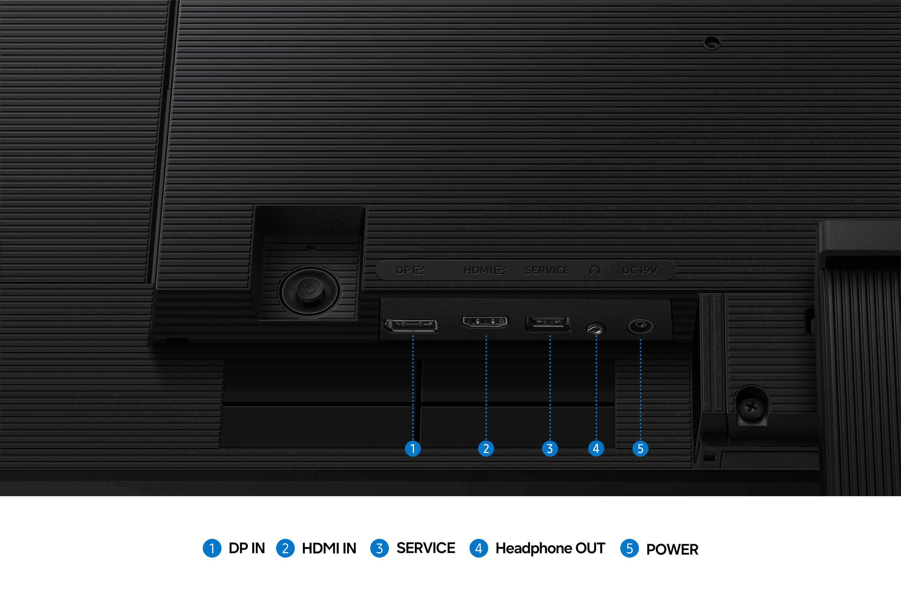 Back panel ports: DP, HDMI, Service, USB, and DC input.
