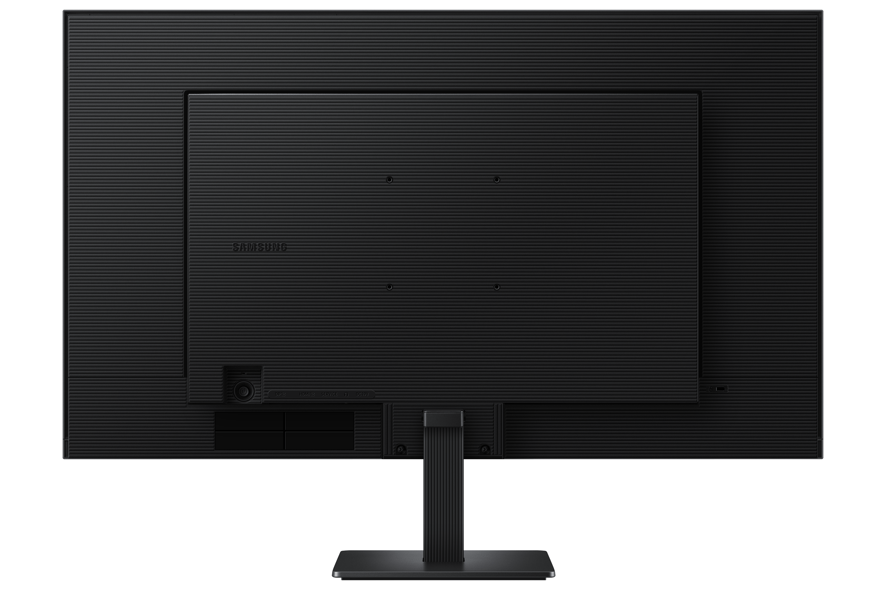 Back view of a black monitor with a ribbed texture and ports.