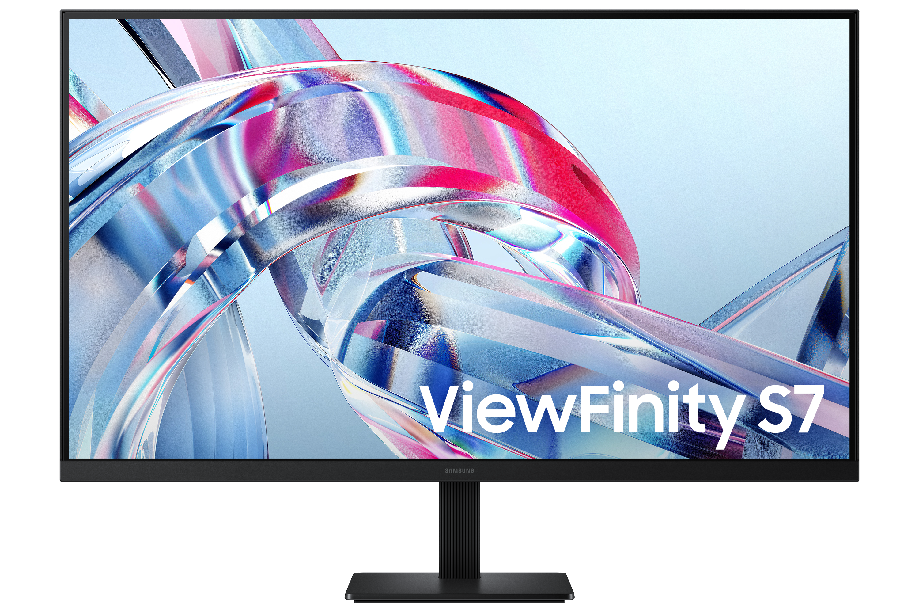 A Samsung ViewFinity S7 monitor displaying an abstract, wavy design in blue, pink, and silver hues.