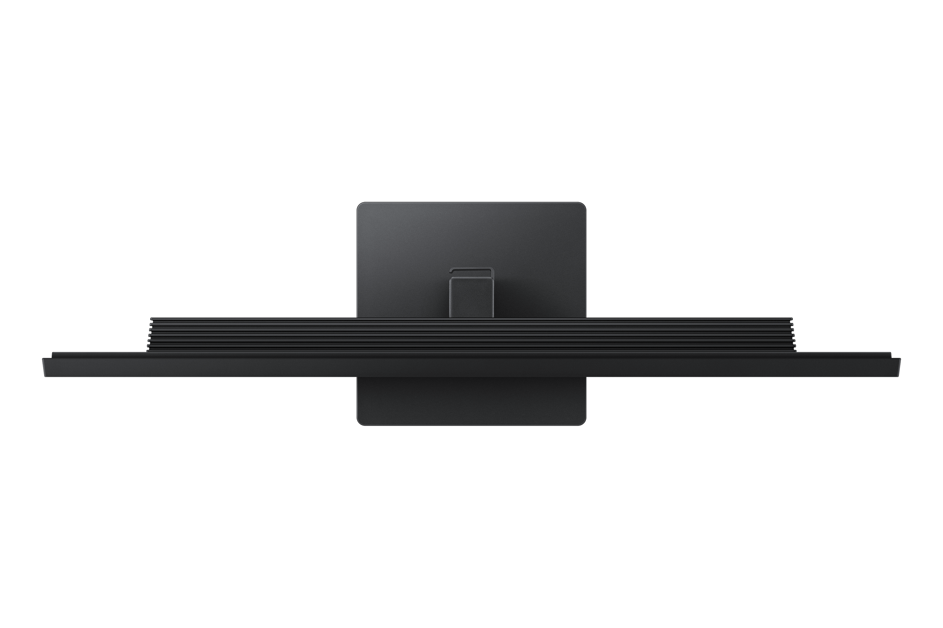 Black monitor stand with horizontal slats and a vertical element.