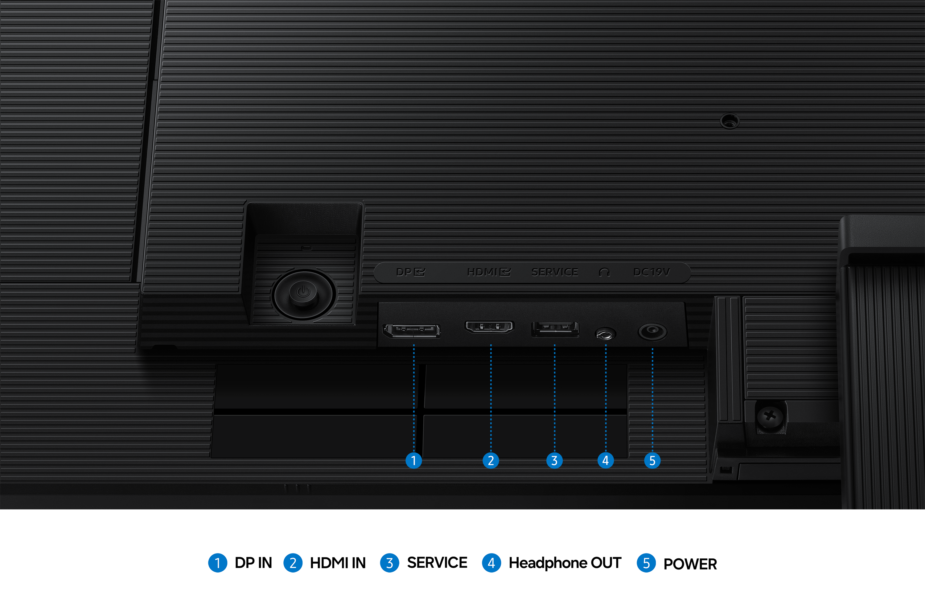 Back panel of a black monitor showing HDMI, USB, and DC ports.