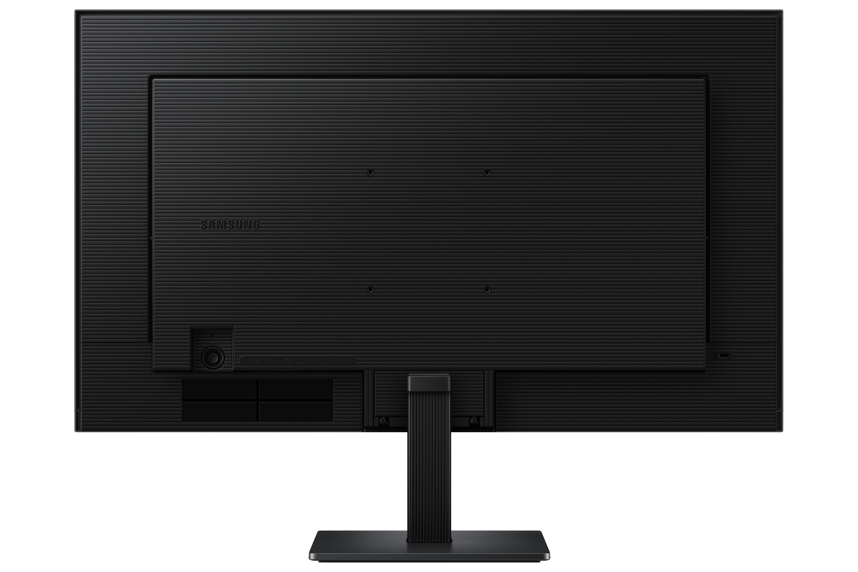 Back view of a black Samsung monitor with ports and stand.