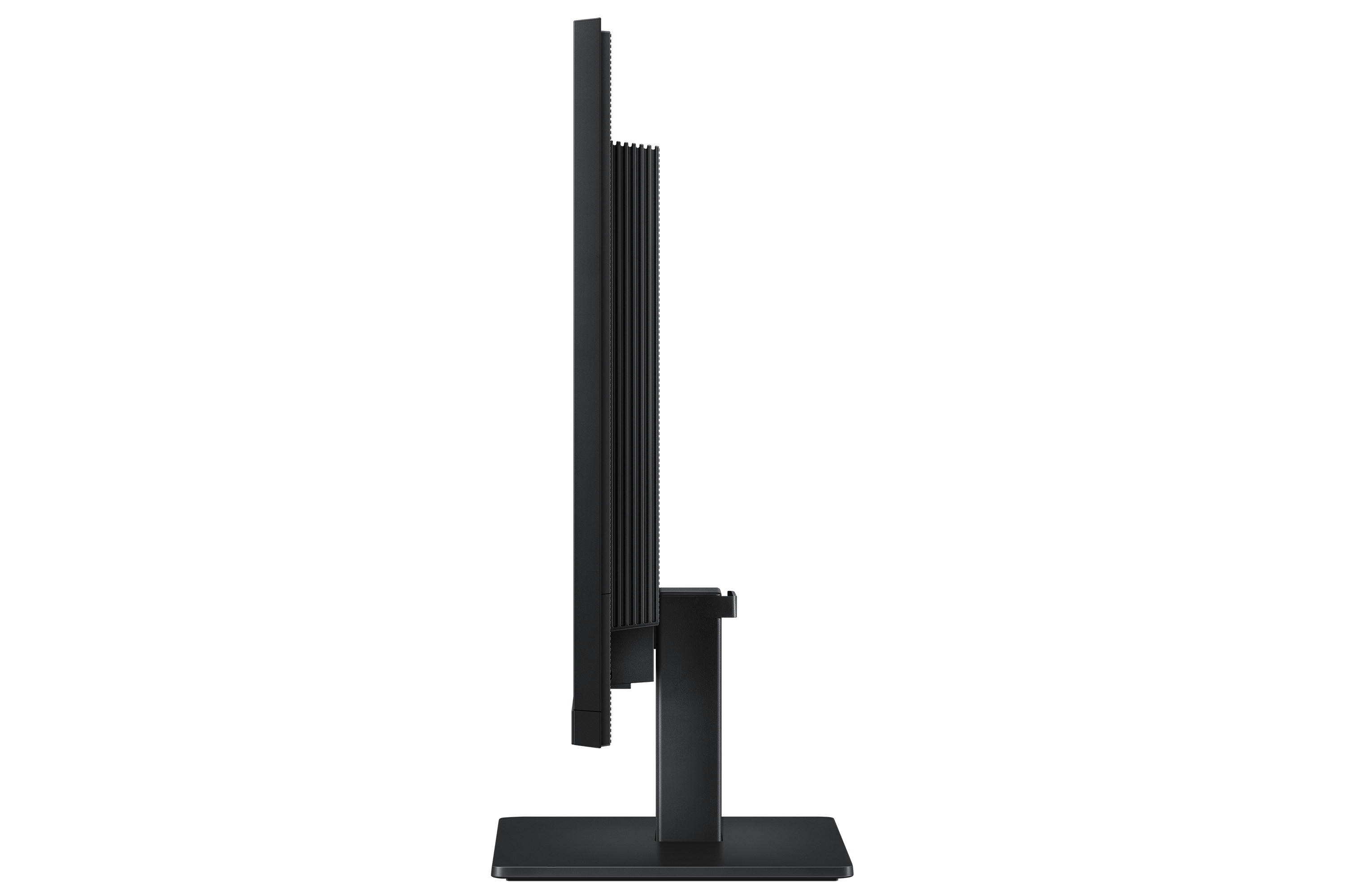 Black monitor from the side, showing a ribbed back and a slim stand.