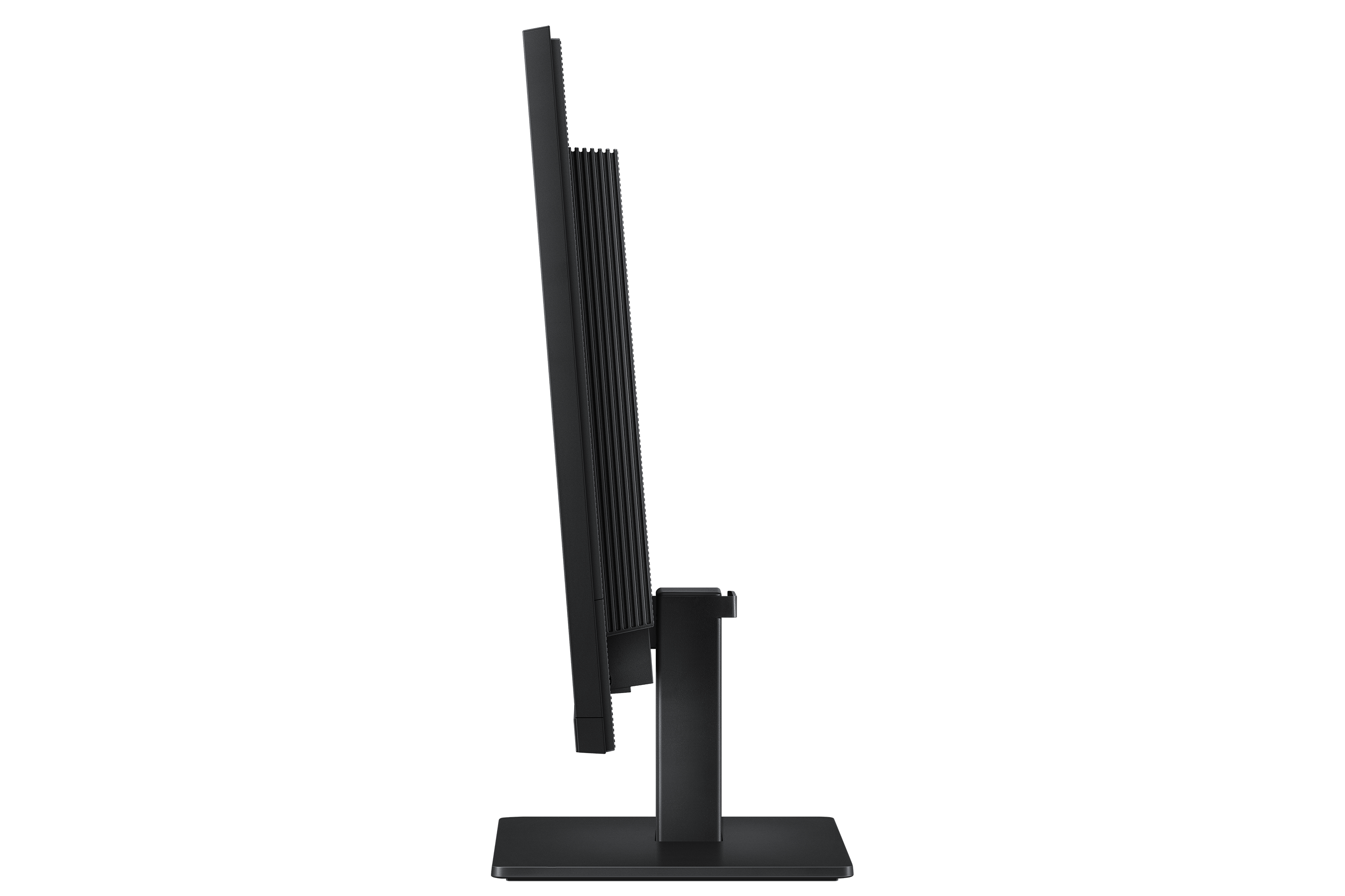A black computer monitor viewed from the side on a black background.