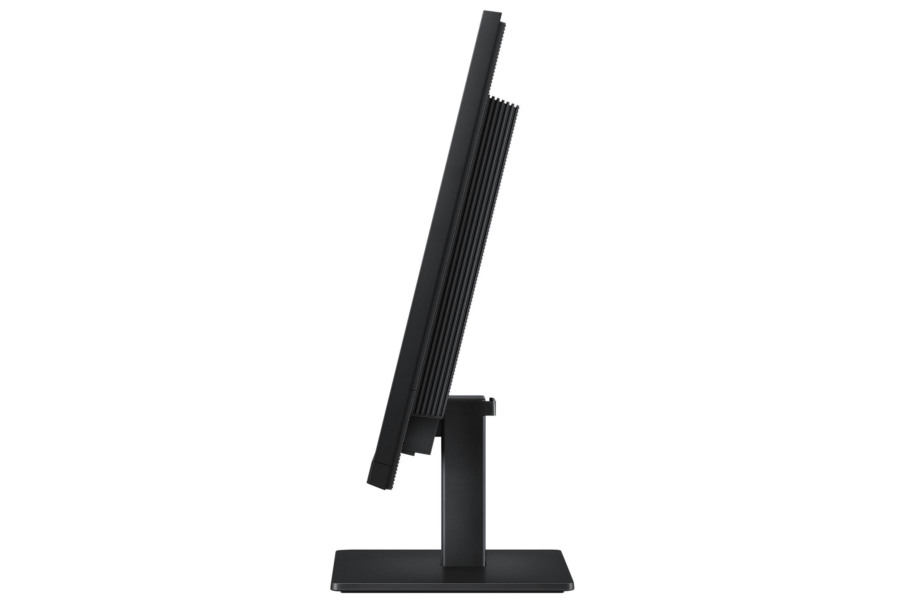 Black monitor in side profile with a ribbed casing and stand.