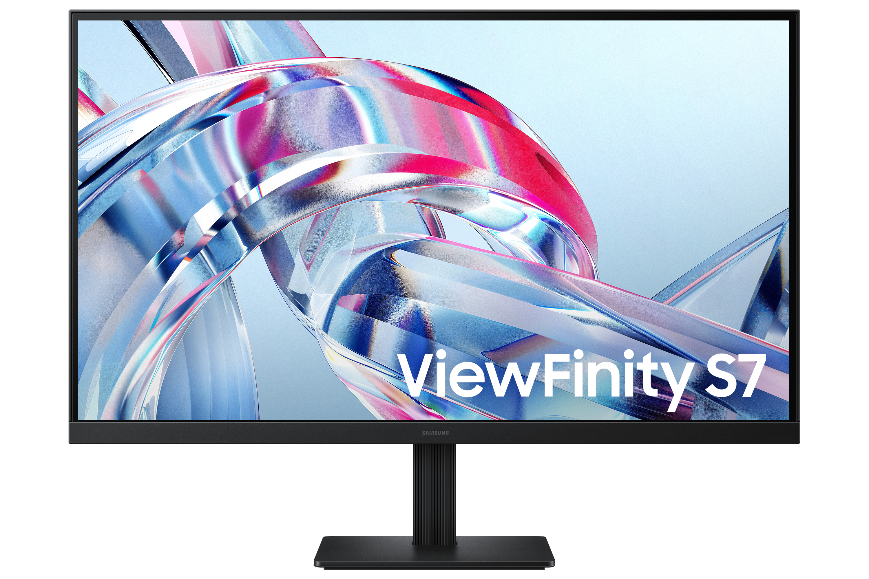 A modern monitor displays an abstract, wavy design in blue, red, and silver tones.