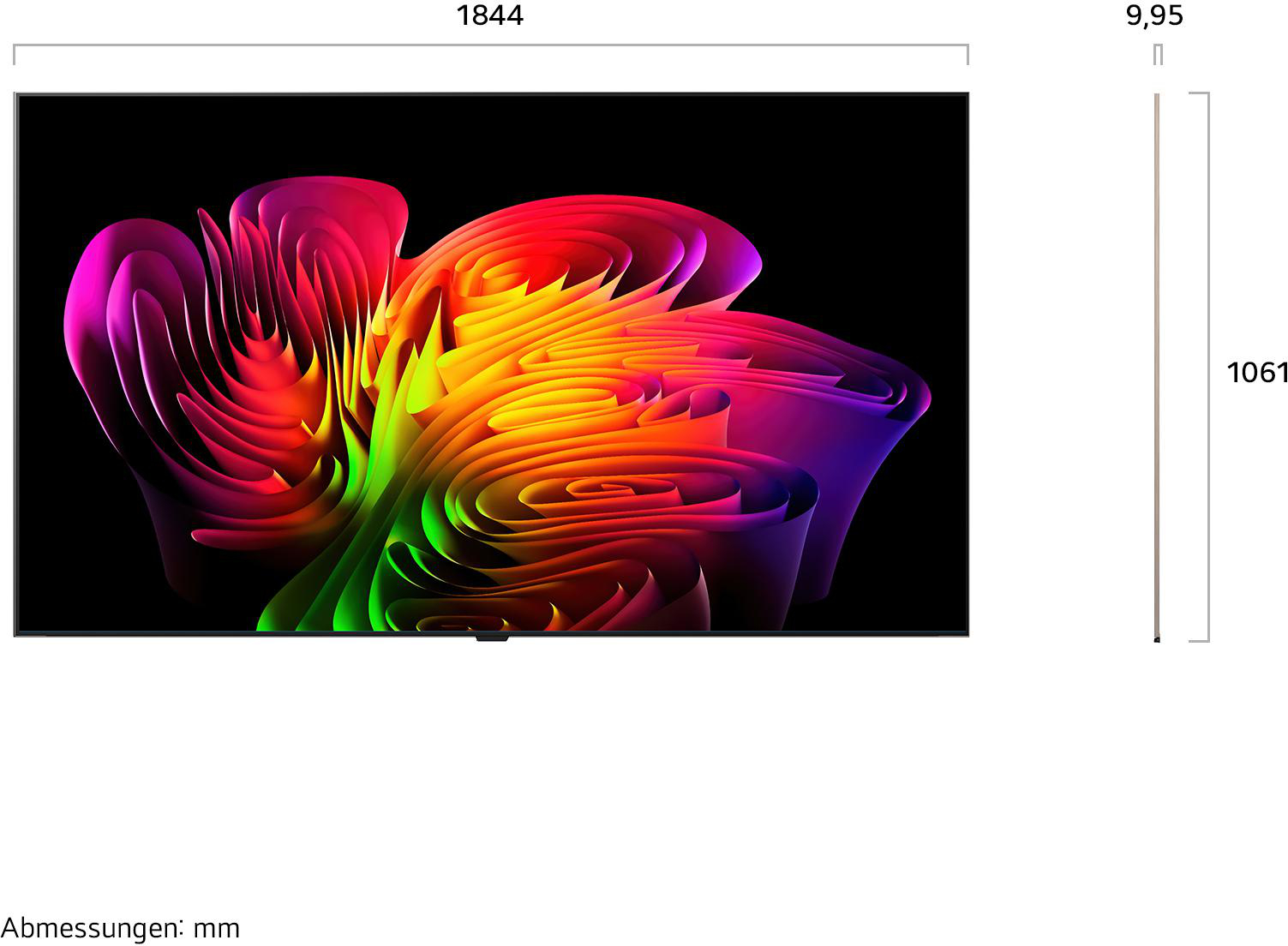 Ein großer Bildschirm zeigt ein lebendiges abstraktes Bild mit wirbelnden Farben von Pink, Orange, Gelb und Grün auf Schwarz.